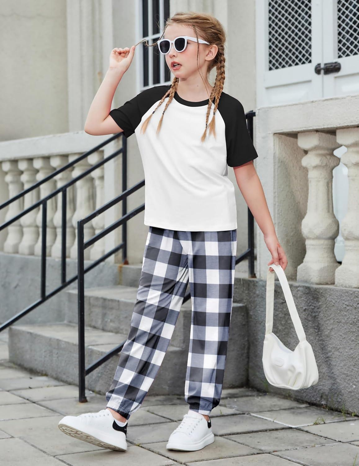 image:imageArshiner Girls 2 Piece Outfits Fashion Clothes Short Sleeve Tops and Jogger Pants Kids Tracksuit Sweatsuits SetBlack Plaid