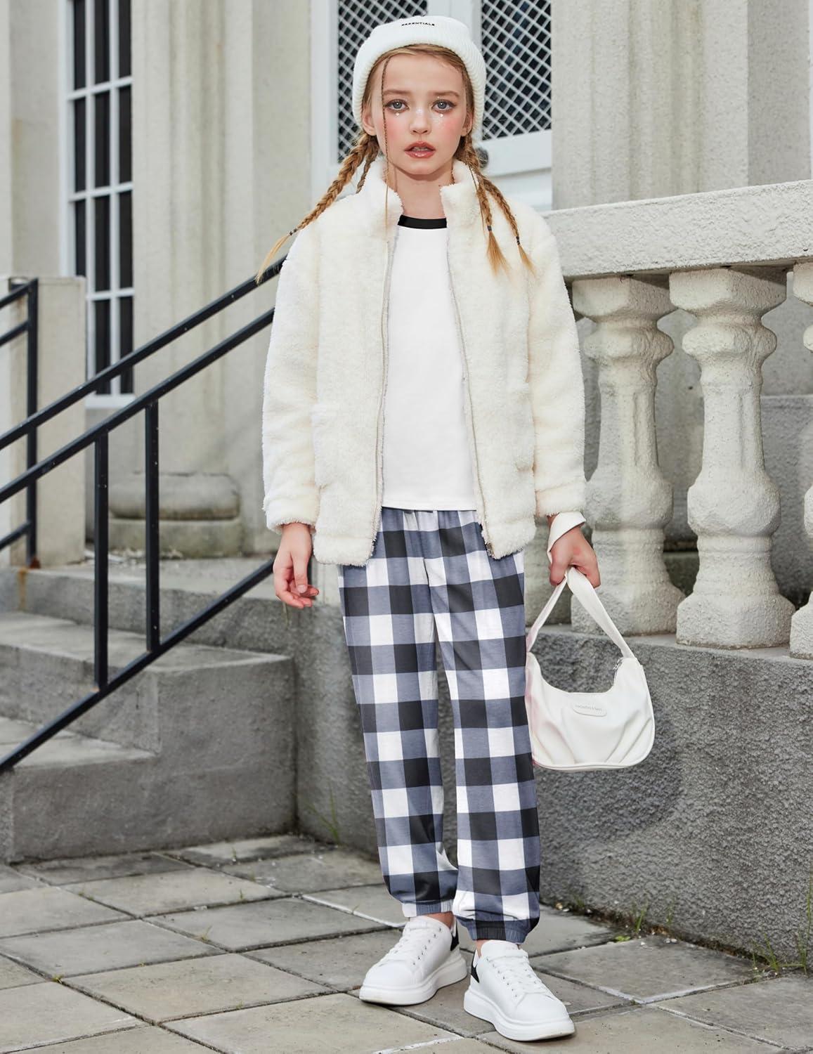 image:imageArshiner Girls 2 Piece Outfits Fashion Clothes Short Sleeve Tops and Jogger Pants Kids Tracksuit Sweatsuits SetBlack Plaid