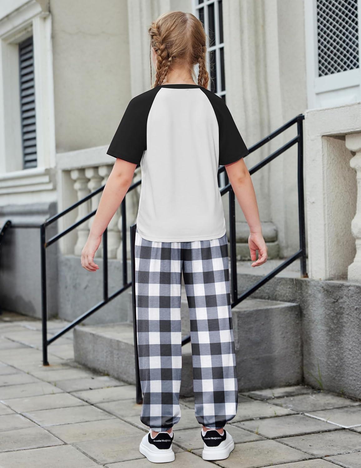 image:imageArshiner Girls 2 Piece Outfits Fashion Clothes Short Sleeve Tops and Jogger Pants Kids Tracksuit Sweatsuits SetBlack Plaid
