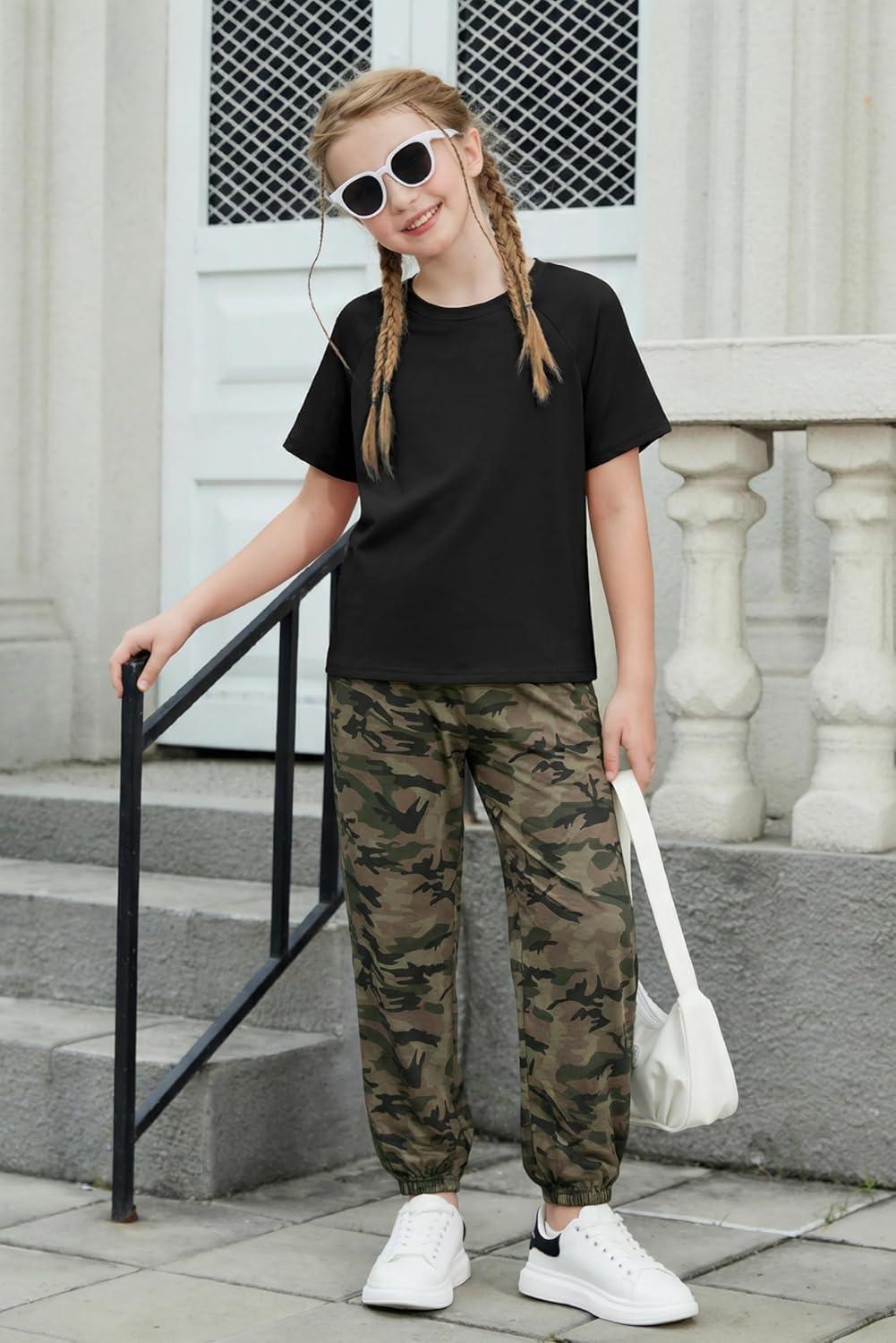 image:imageArshiner Girls 2 Piece Outfits Fashion Clothes Short Sleeve Tops and Jogger Pants Kids Tracksuit Sweatsuits SetCamouflage