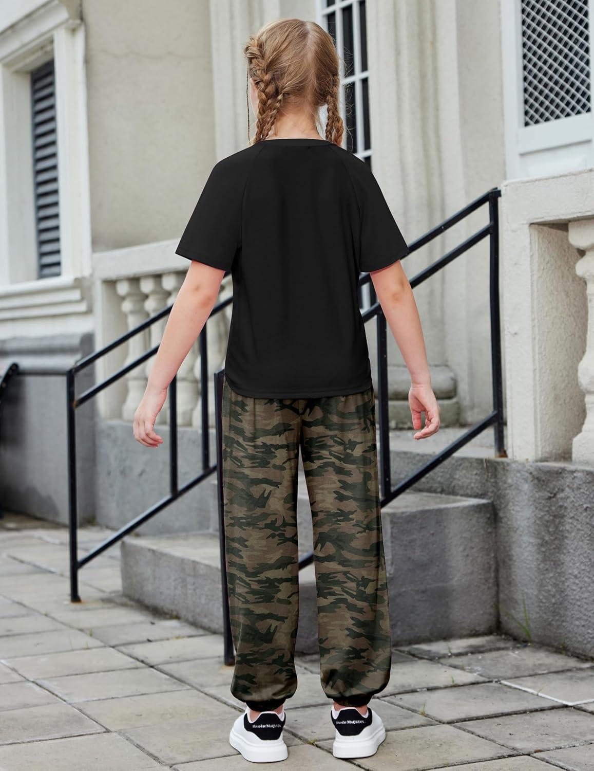 image:imageArshiner Girls 2 Piece Outfits Fashion Clothes Short Sleeve Tops and Jogger Pants Kids Tracksuit Sweatsuits SetCamouflage