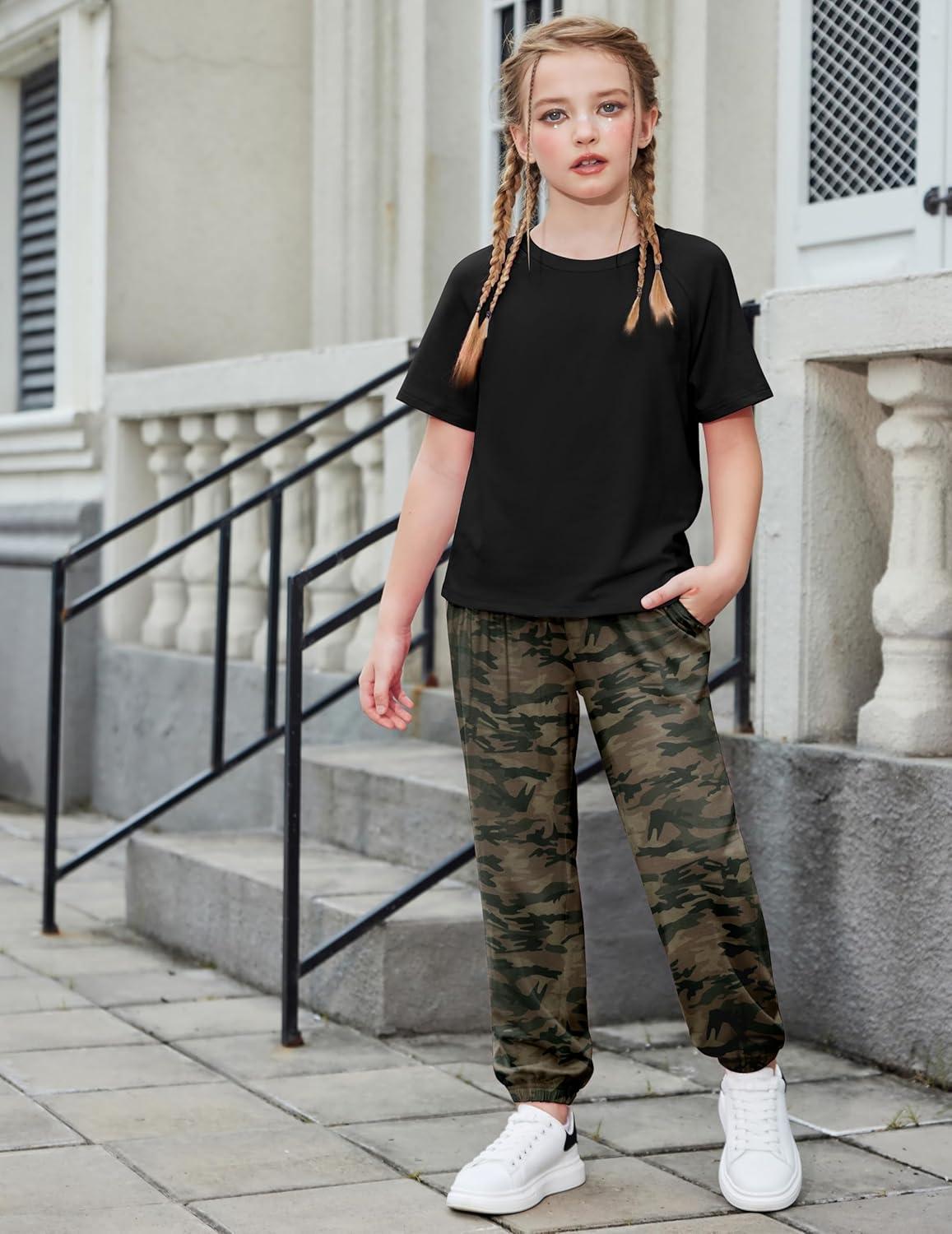 image:imageArshiner Girls 2 Piece Outfits Fashion Clothes Short Sleeve Tops and Jogger Pants Kids Tracksuit Sweatsuits SetCamouflage