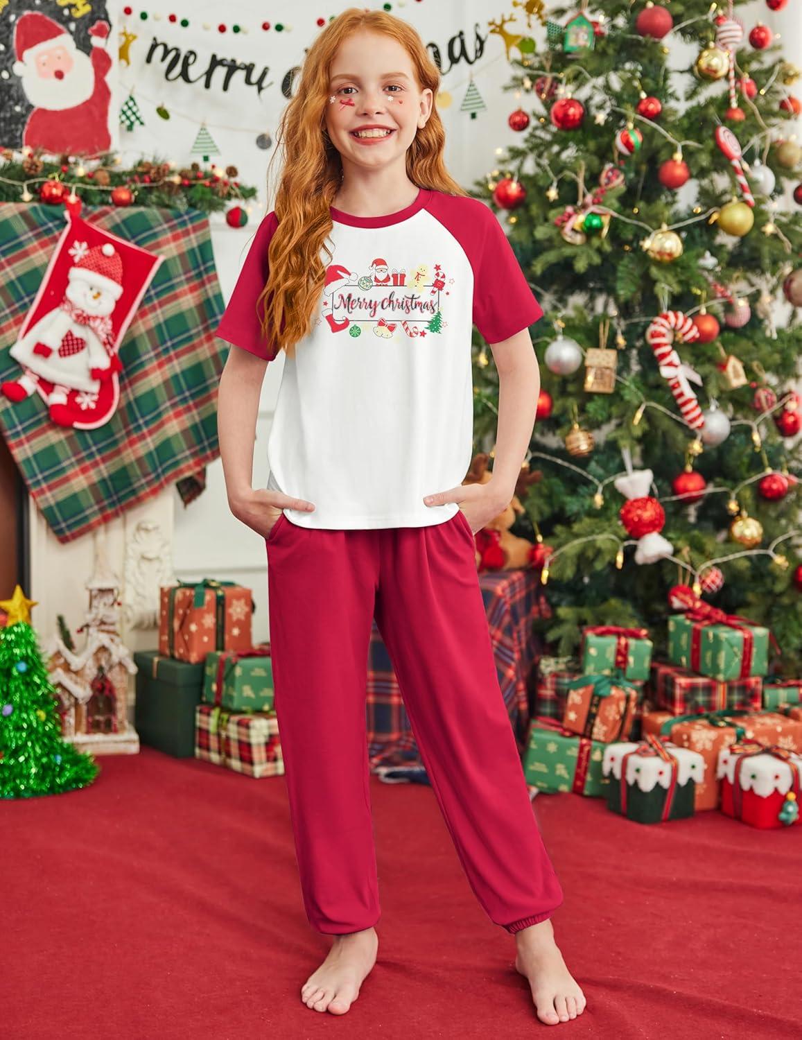 image:imageArshiner Girls 2 Piece Outfits Fashion Clothes Short Sleeve Tops and Jogger Pants Kids Tracksuit Sweatsuits SetChristmas