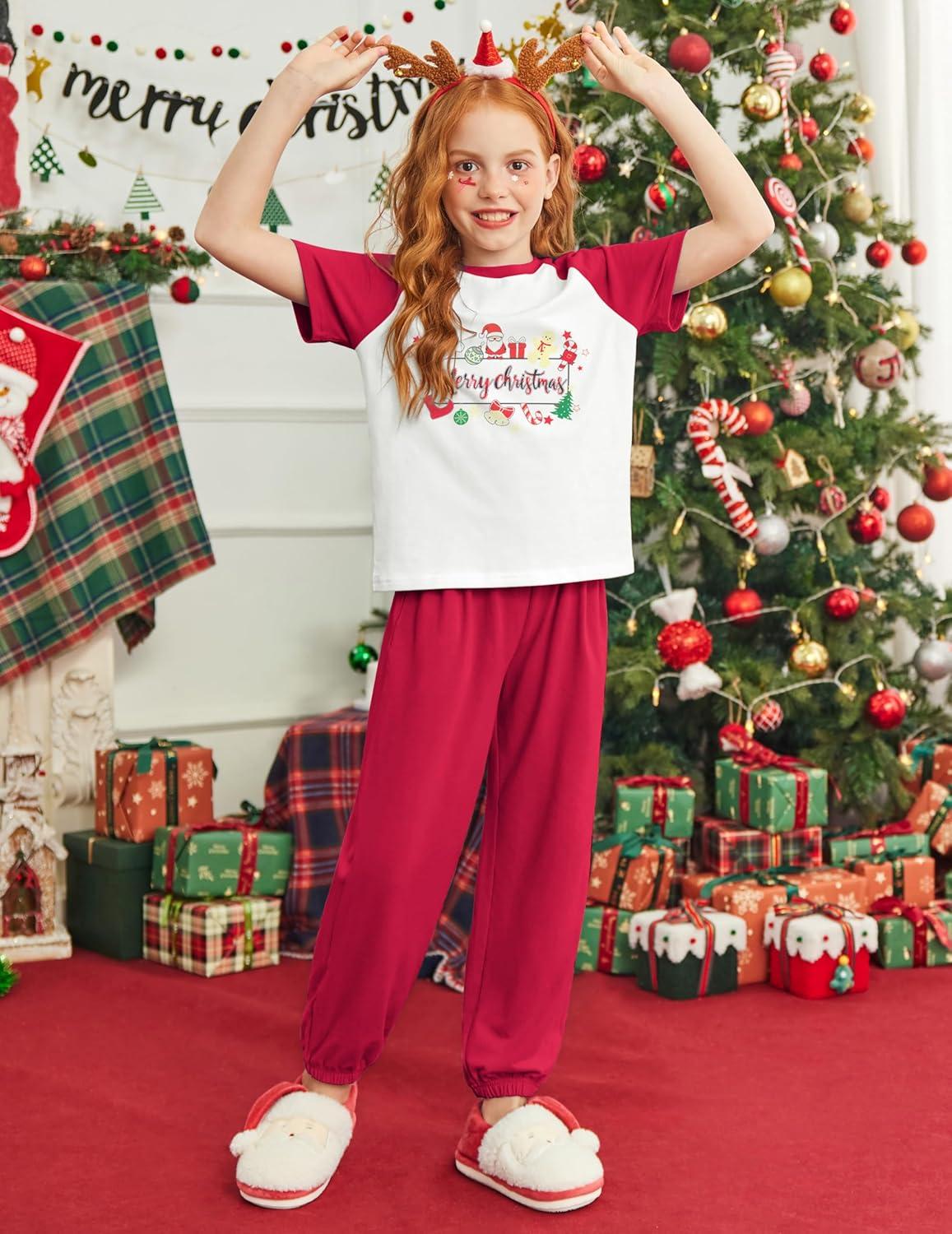 image:imageArshiner Girls 2 Piece Outfits Fashion Clothes Short Sleeve Tops and Jogger Pants Kids Tracksuit Sweatsuits SetChristmas