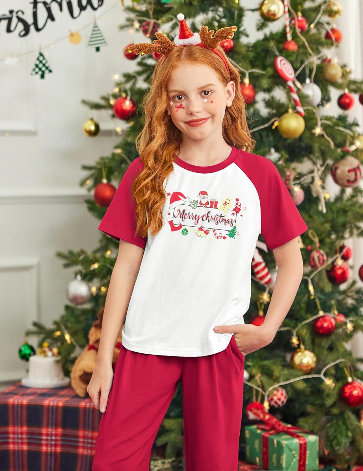 image:imageArshiner Girls 2 Piece Outfits Fashion Clothes Short Sleeve Tops and Jogger Pants Kids Tracksuit Sweatsuits SetChristmas