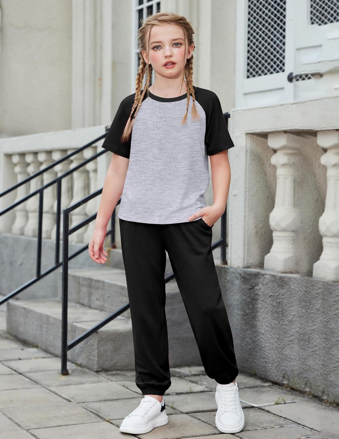 image:imageArshiner Girls 2 Piece Outfits Fashion Clothes Short Sleeve Tops and Jogger Pants Kids Tracksuit Sweatsuits SetGrey