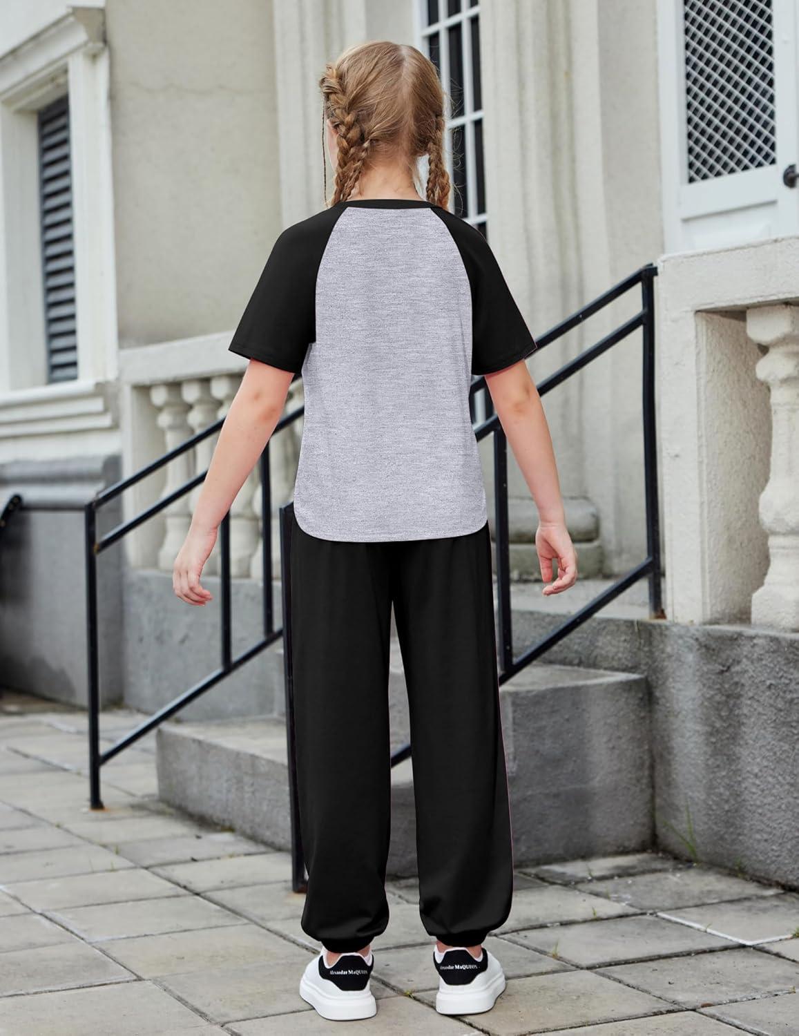 image:imageArshiner Girls 2 Piece Outfits Fashion Clothes Short Sleeve Tops and Jogger Pants Kids Tracksuit Sweatsuits SetGrey