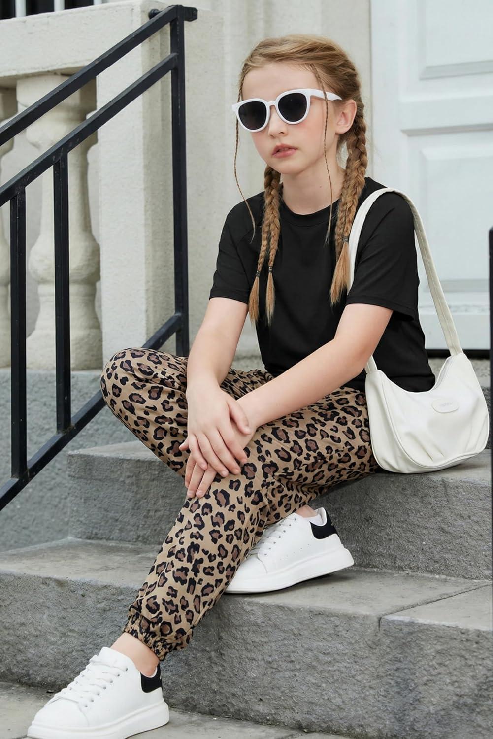 image:imageArshiner Girls 2 Piece Outfits Fashion Clothes Short Sleeve Tops and Jogger Pants Kids Tracksuit Sweatsuits SetLeopard