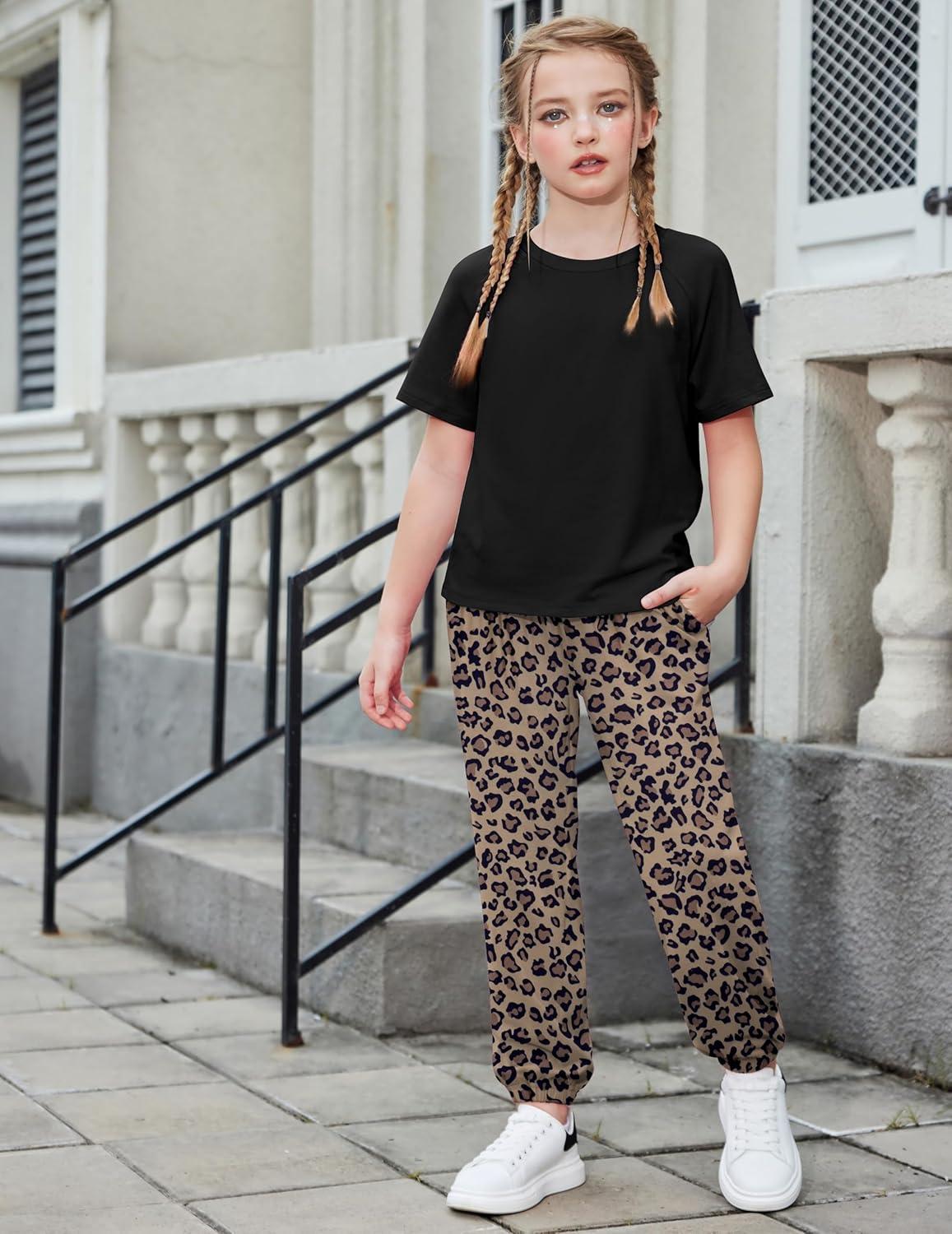 image:imageArshiner Girls 2 Piece Outfits Fashion Clothes Short Sleeve Tops and Jogger Pants Kids Tracksuit Sweatsuits SetLeopard