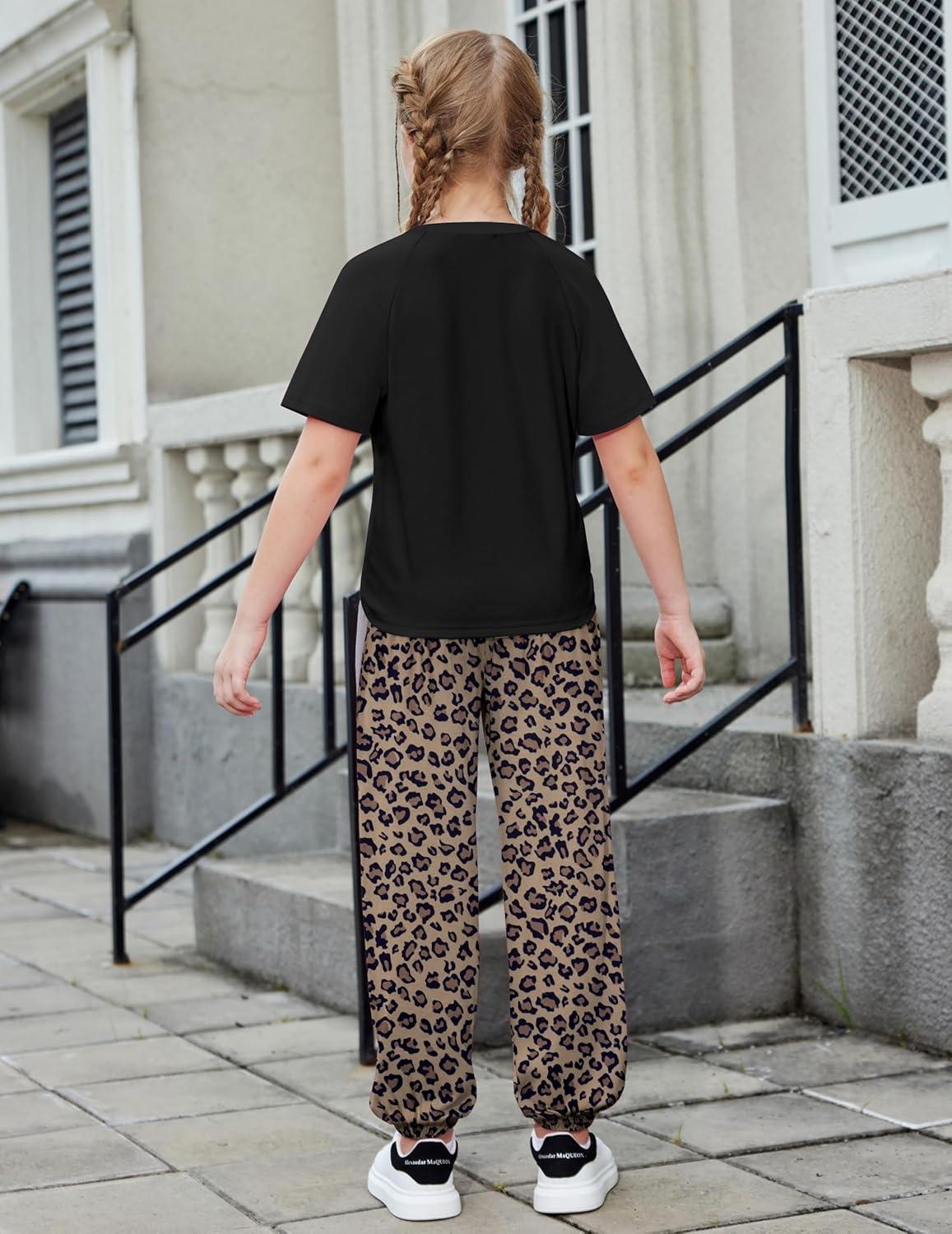 image:imageArshiner Girls 2 Piece Outfits Fashion Clothes Short Sleeve Tops and Jogger Pants Kids Tracksuit Sweatsuits SetLeopard