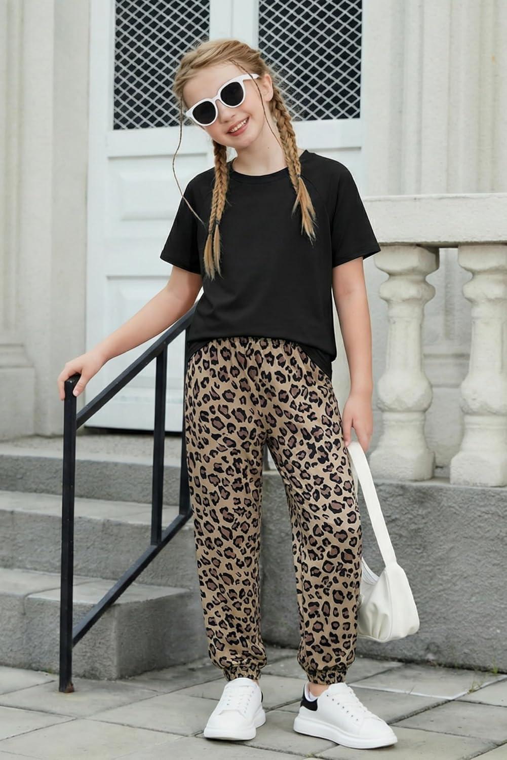 image:imageArshiner Girls 2 Piece Outfits Fashion Clothes Short Sleeve Tops and Jogger Pants Kids Tracksuit Sweatsuits SetLeopard