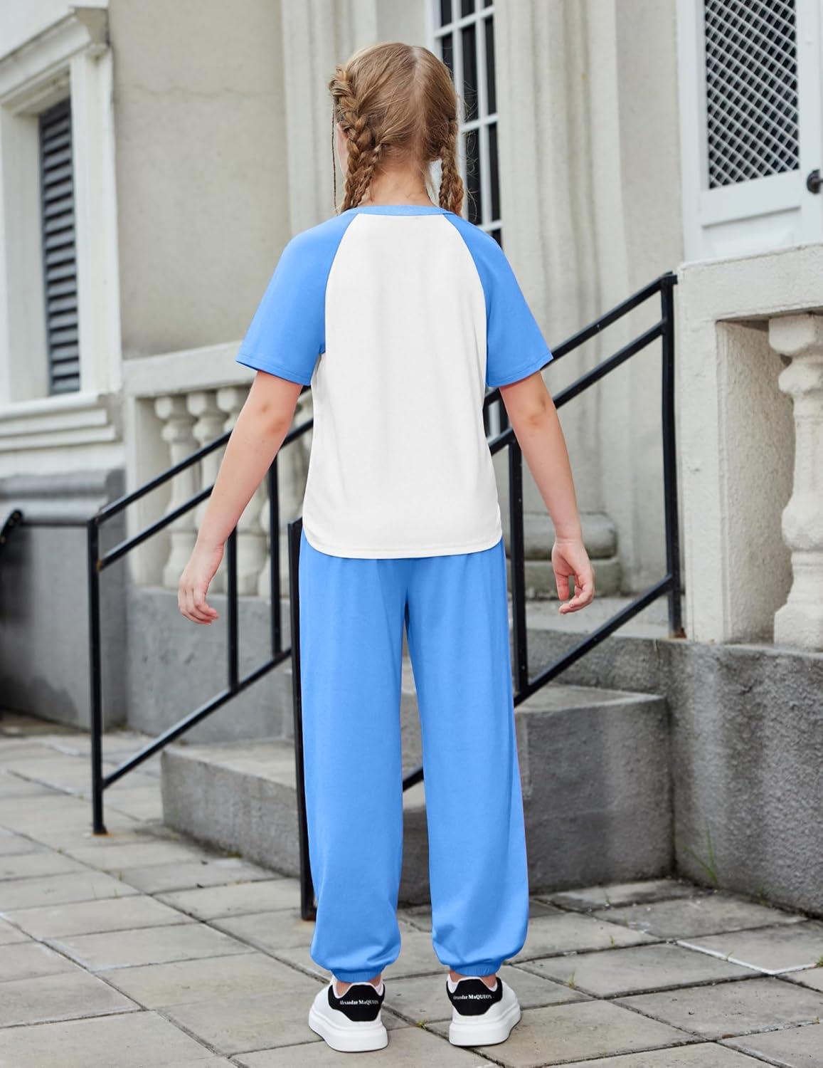 image:imageArshiner Girls 2 Piece Outfits Fashion Clothes Short Sleeve Tops and Jogger Pants Kids Tracksuit Sweatsuits SetLight Blue