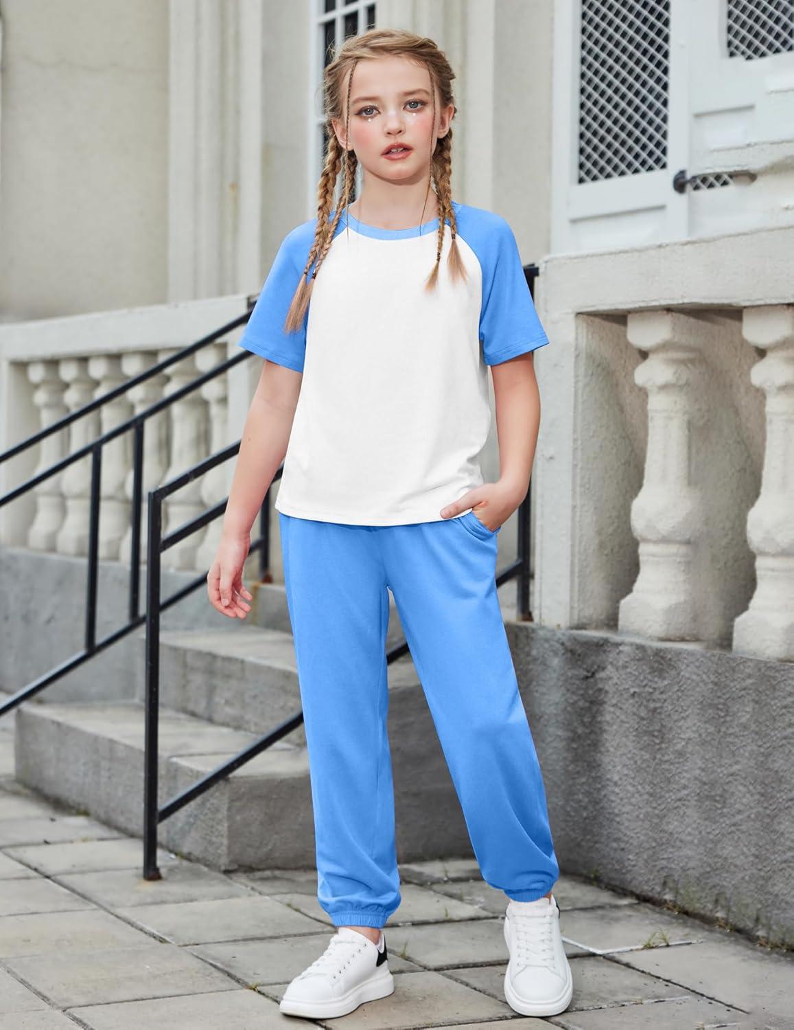 image:imageArshiner Girls 2 Piece Outfits Fashion Clothes Short Sleeve Tops and Jogger Pants Kids Tracksuit Sweatsuits SetLight Blue