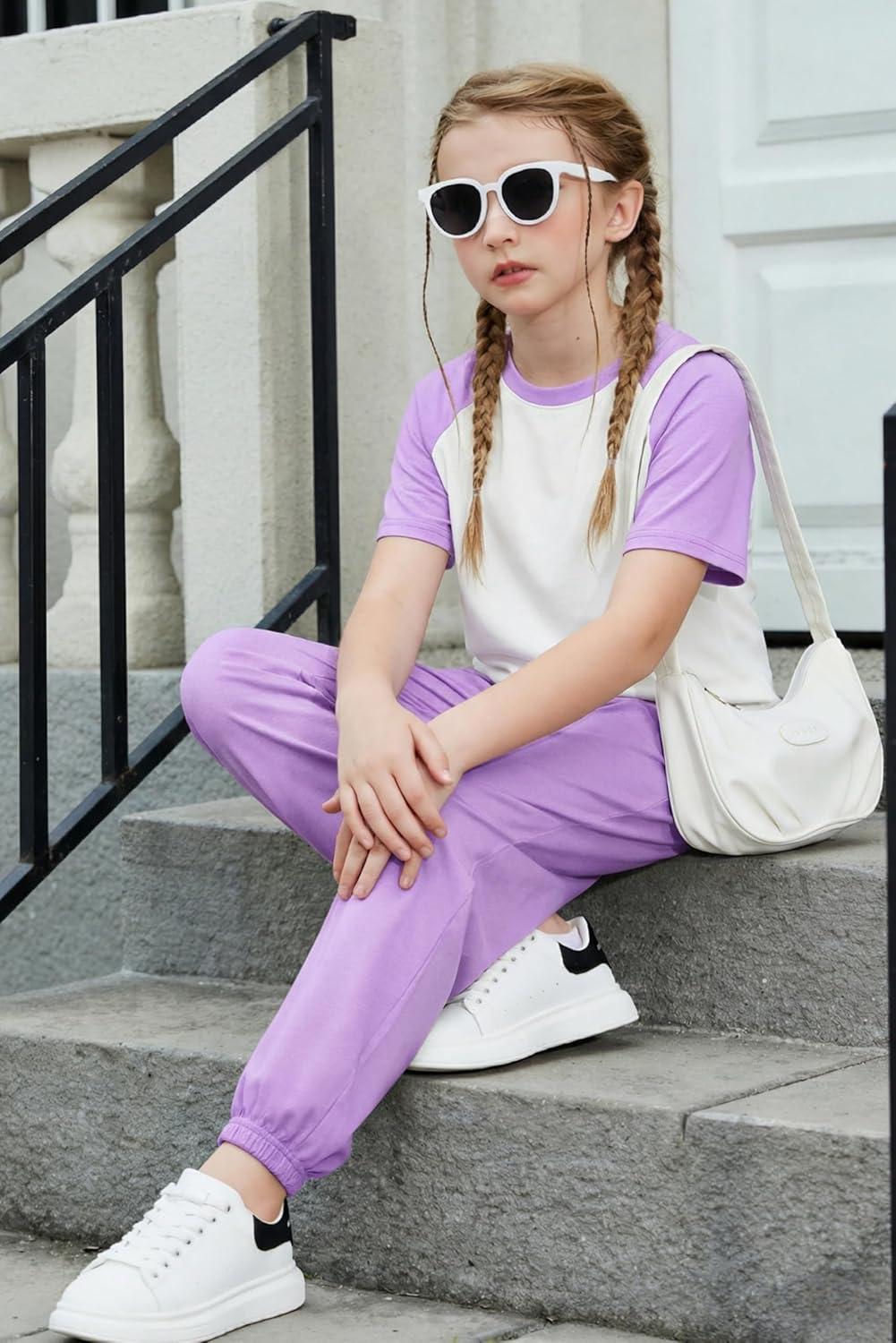 image:imageArshiner Girls 2 Piece Outfits Fashion Clothes Short Sleeve Tops and Jogger Pants Kids Tracksuit Sweatsuits SetLight Purple