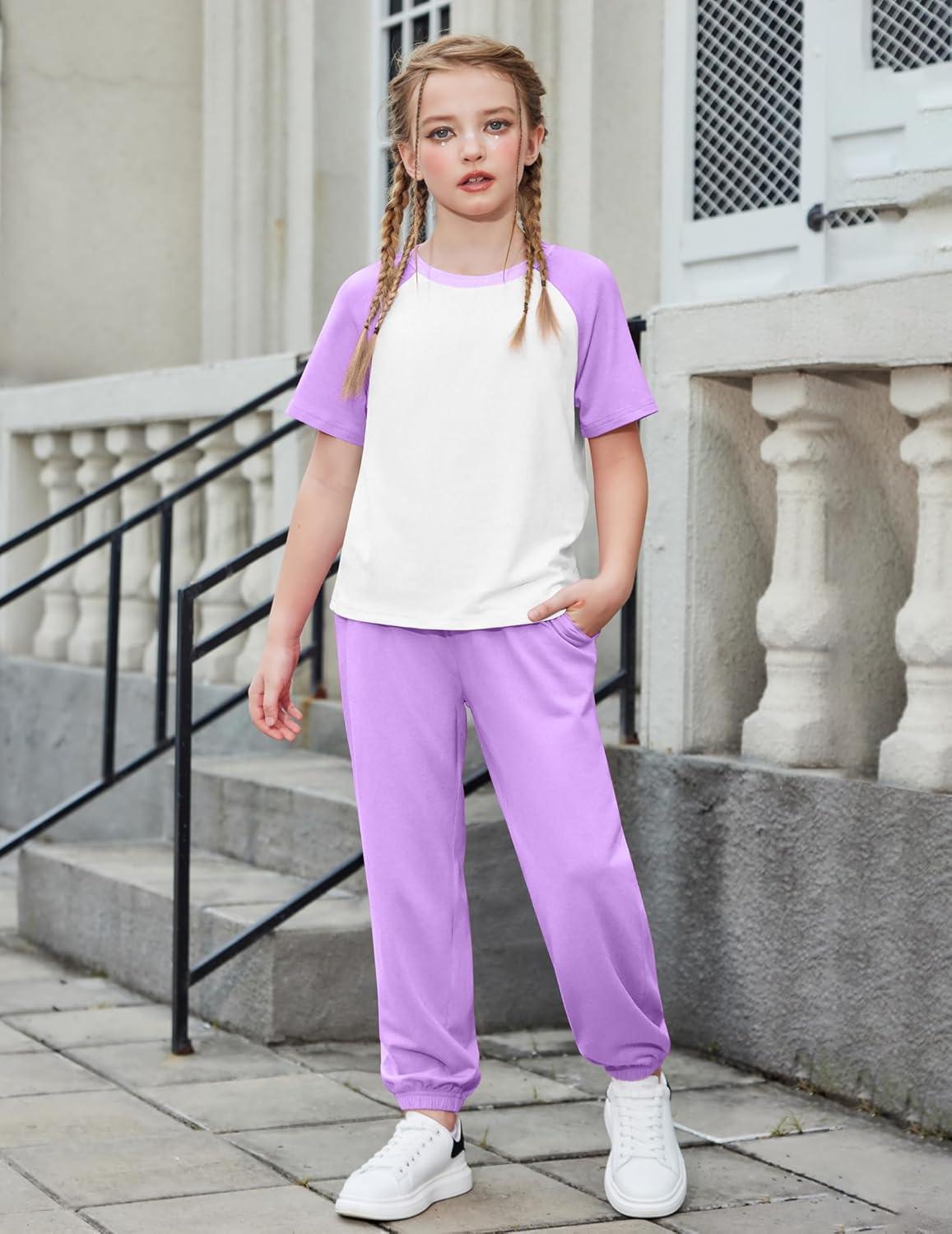 image:imageArshiner Girls 2 Piece Outfits Fashion Clothes Short Sleeve Tops and Jogger Pants Kids Tracksuit Sweatsuits SetLight Purple