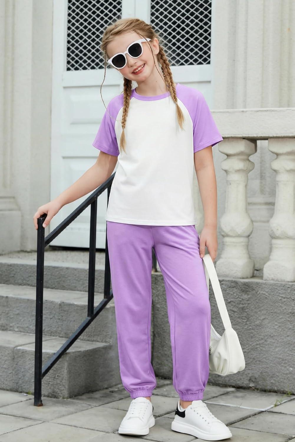 image:imageArshiner Girls 2 Piece Outfits Fashion Clothes Short Sleeve Tops and Jogger Pants Kids Tracksuit Sweatsuits SetLight Purple