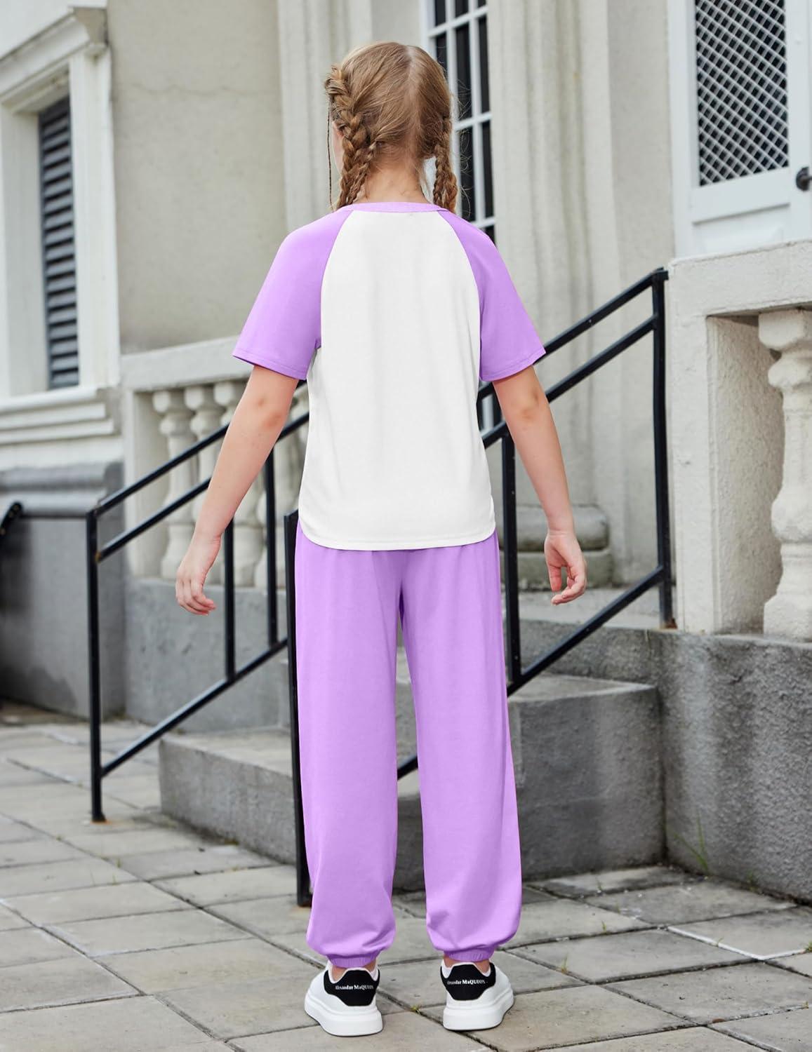 image:imageArshiner Girls 2 Piece Outfits Fashion Clothes Short Sleeve Tops and Jogger Pants Kids Tracksuit Sweatsuits SetLight Purple