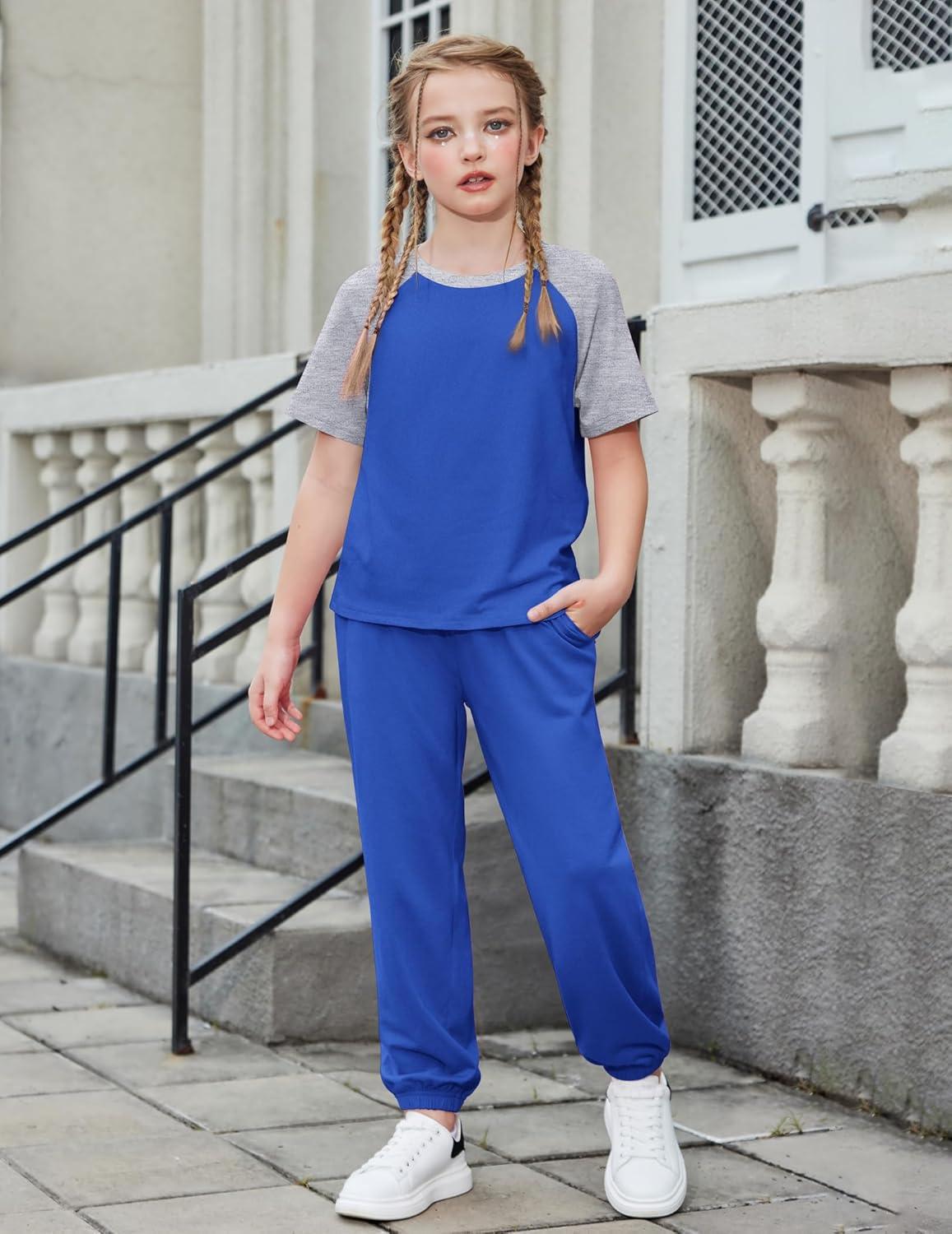 image:imageArshiner Girls 2 Piece Outfits Fashion Clothes Short Sleeve Tops and Jogger Pants Kids Tracksuit Sweatsuits SetNavy Blue