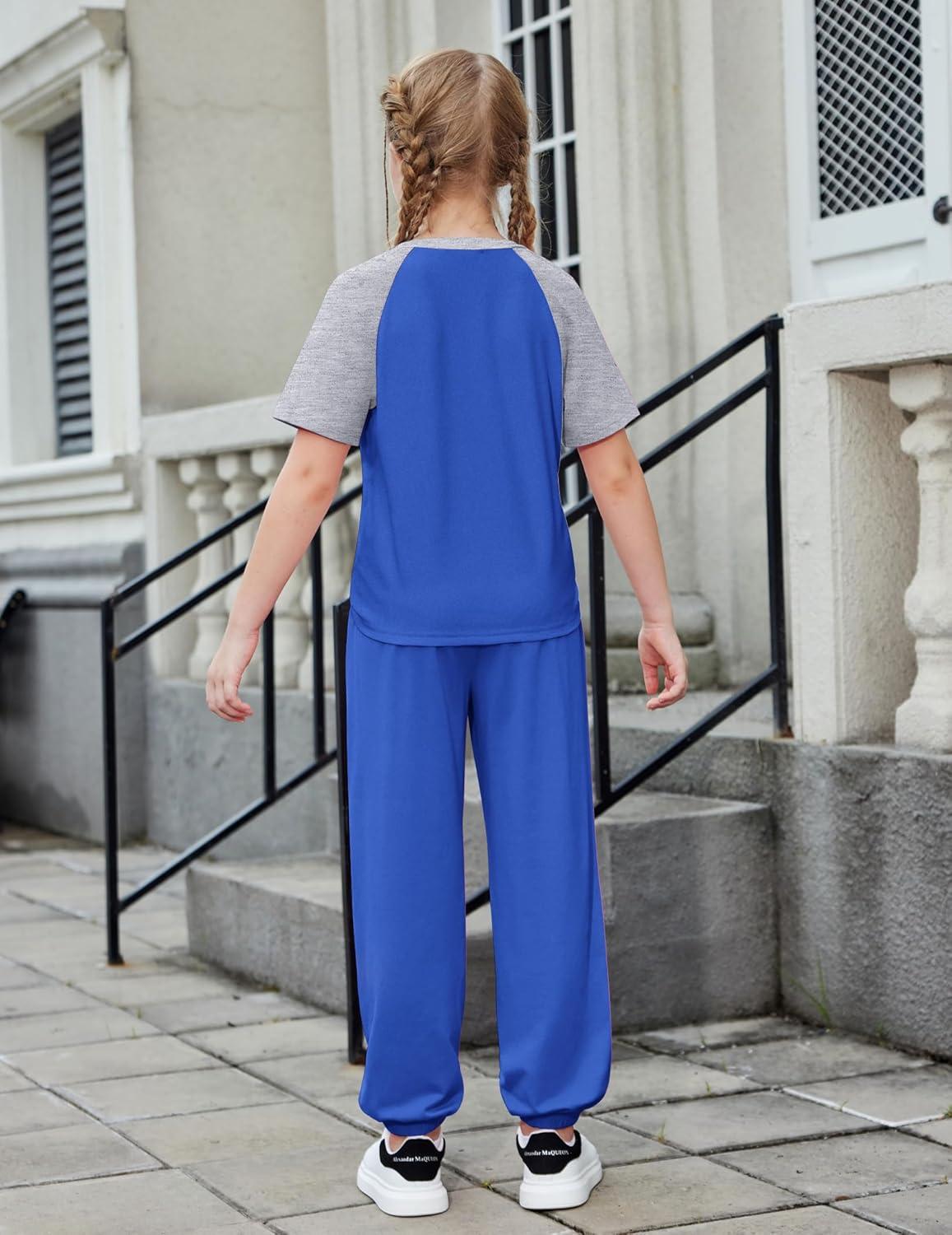 image:imageArshiner Girls 2 Piece Outfits Fashion Clothes Short Sleeve Tops and Jogger Pants Kids Tracksuit Sweatsuits SetNavy Blue