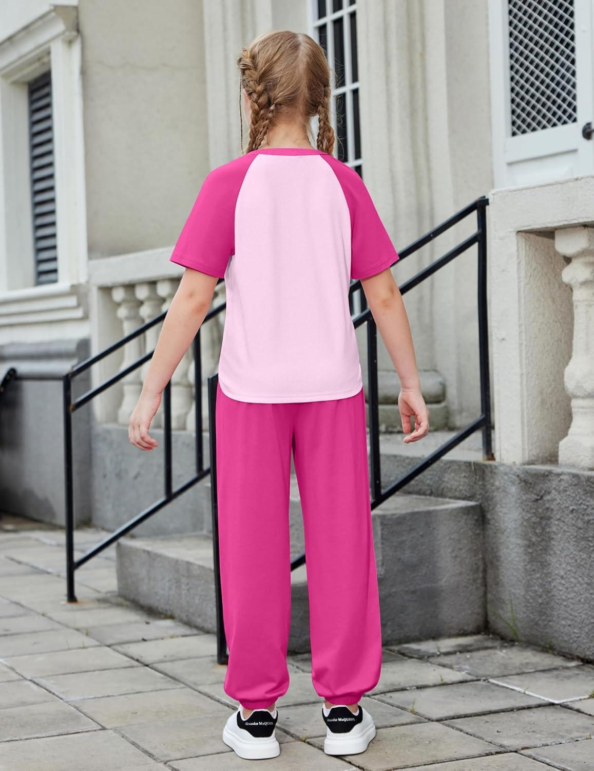 image:imageArshiner Girls 2 Piece Outfits Fashion Clothes Short Sleeve Tops and Jogger Pants Kids Tracksuit Sweatsuits SetPink