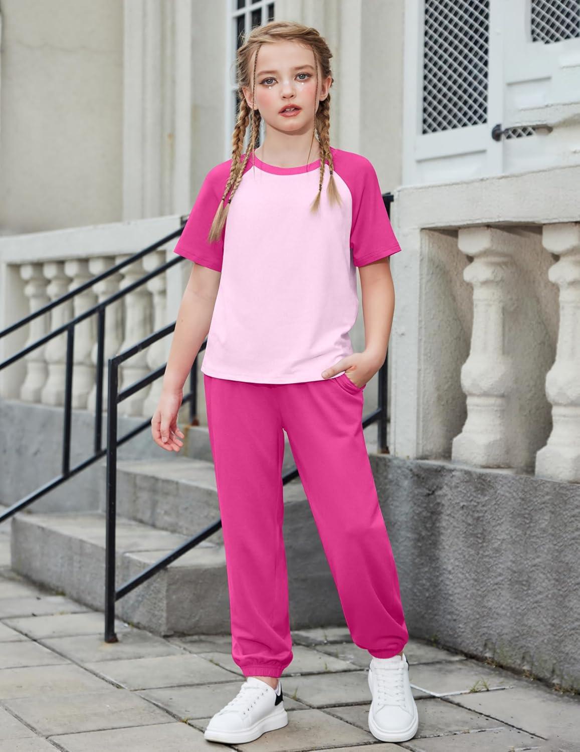 image:imageArshiner Girls 2 Piece Outfits Fashion Clothes Short Sleeve Tops and Jogger Pants Kids Tracksuit Sweatsuits SetPink