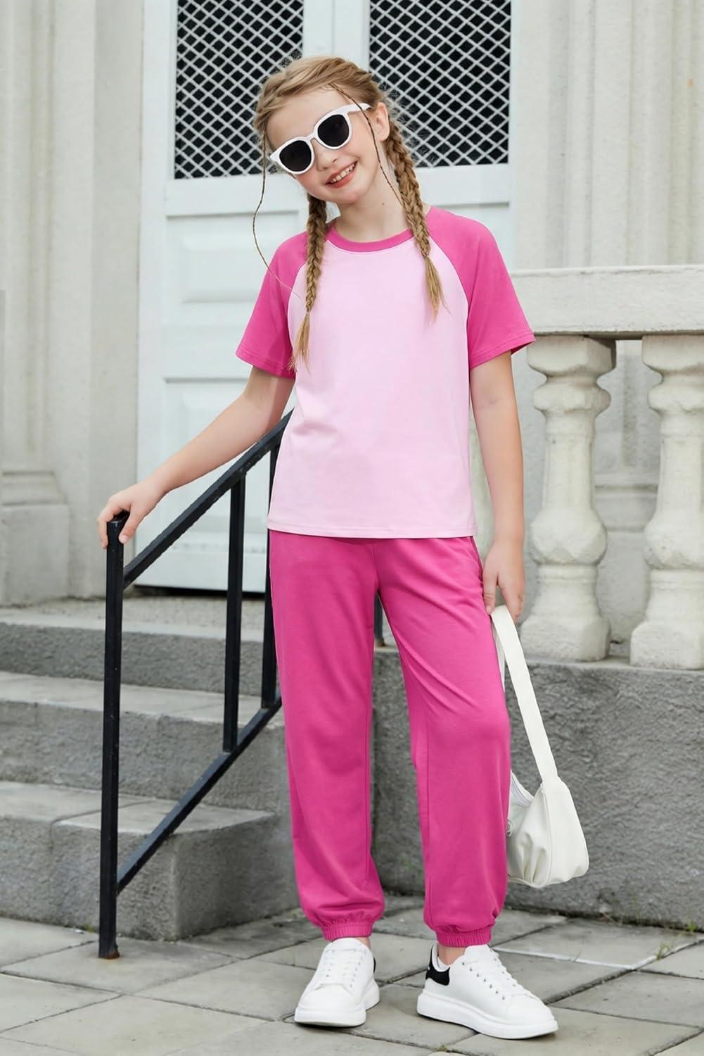 image:imageArshiner Girls 2 Piece Outfits Fashion Clothes Short Sleeve Tops and Jogger Pants Kids Tracksuit Sweatsuits SetPink
