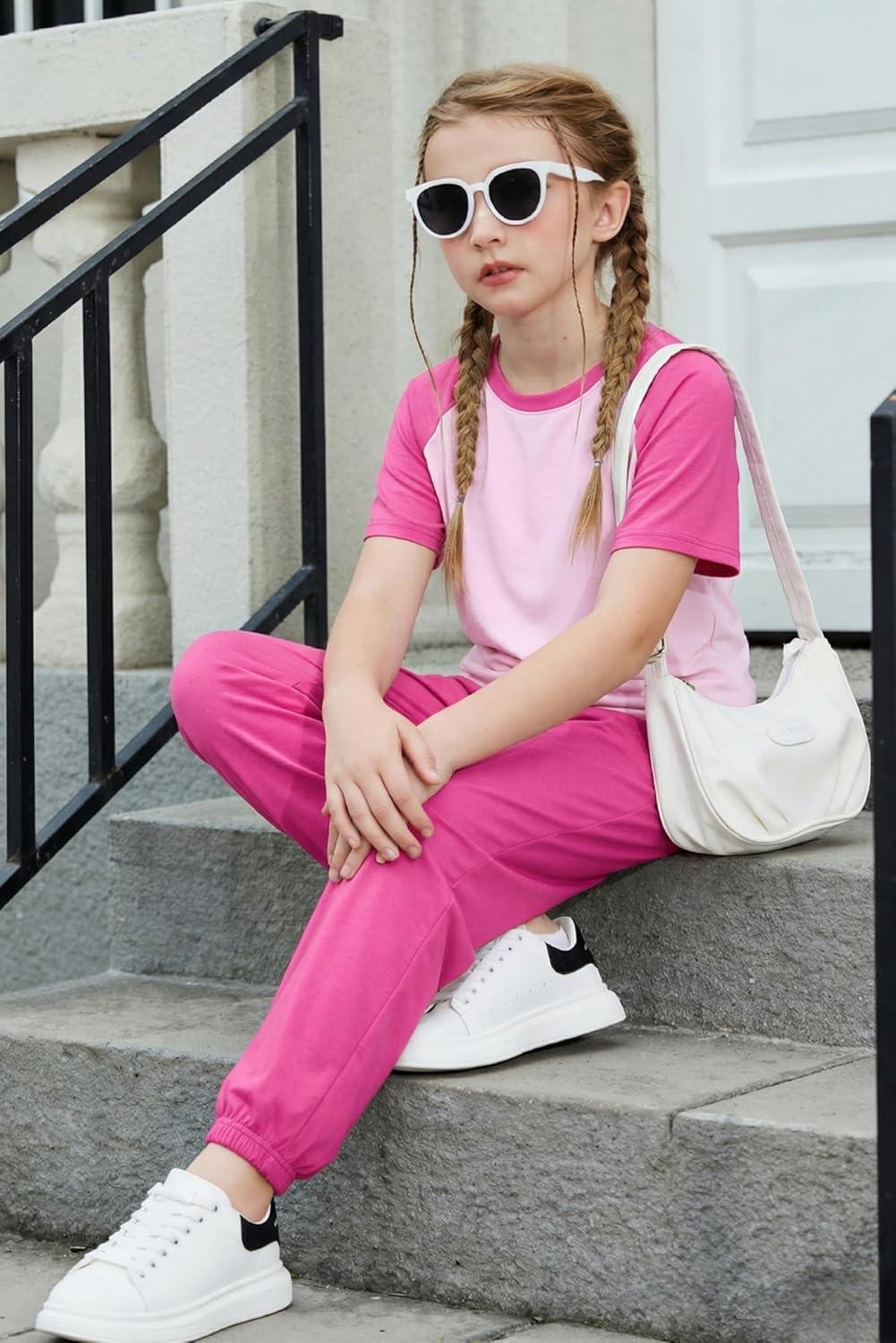 image:imageArshiner Girls 2 Piece Outfits Fashion Clothes Short Sleeve Tops and Jogger Pants Kids Tracksuit Sweatsuits SetPink