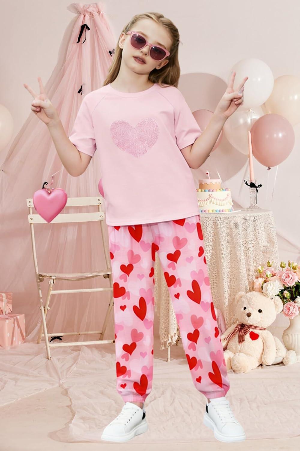 image:imageArshiner Girls 2 Piece Outfits Fashion Clothes Short Sleeve Tops and Jogger Pants Kids Tracksuit Sweatsuits SetValentine