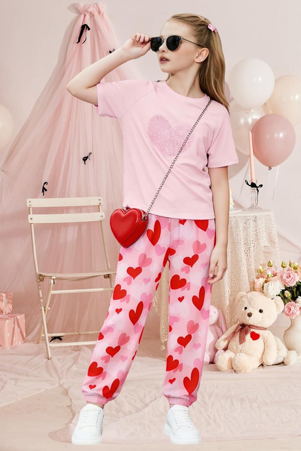 image:imageArshiner Girls 2 Piece Outfits Fashion Clothes Short Sleeve Tops and Jogger Pants Kids Tracksuit Sweatsuits SetValentine