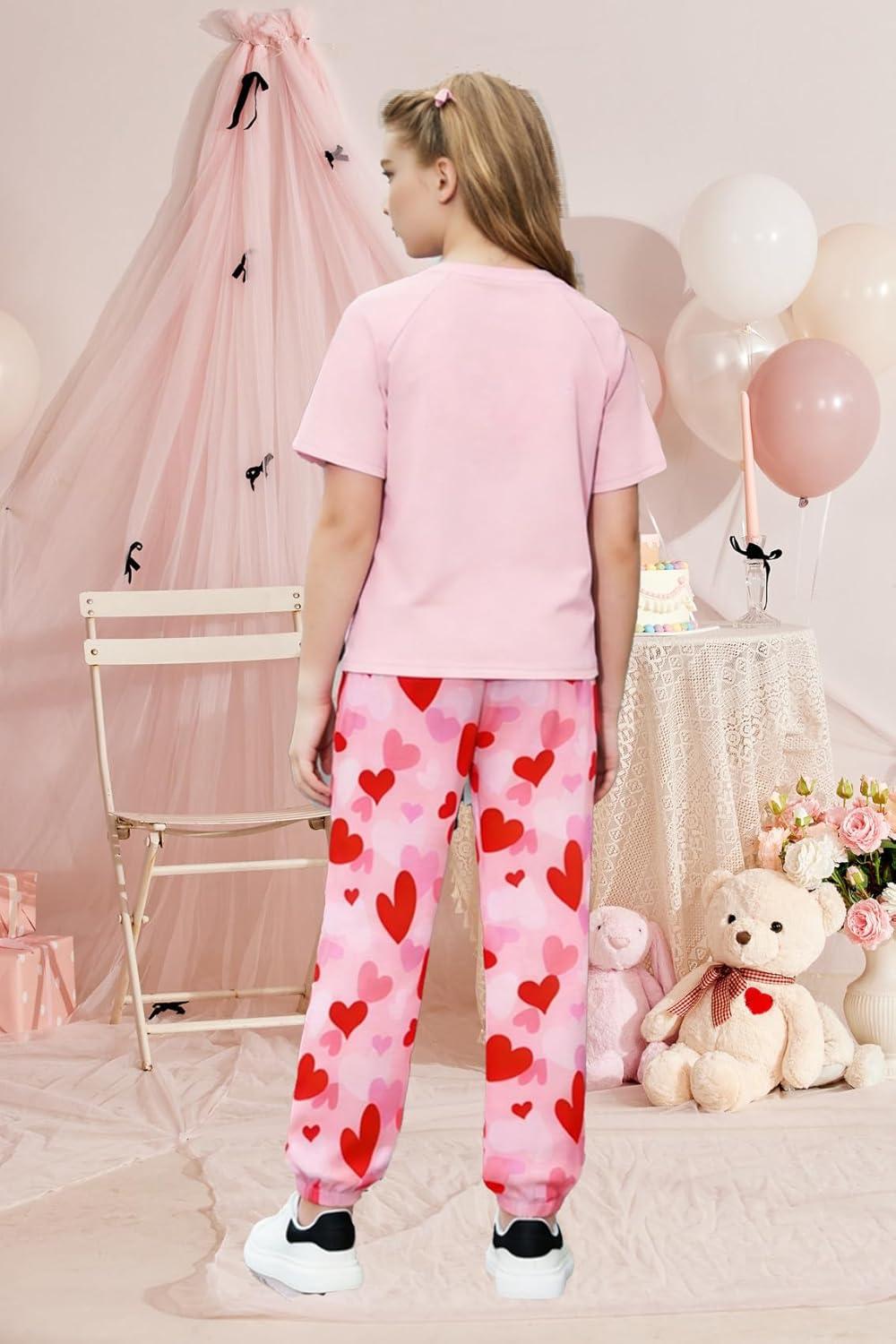image:imageArshiner Girls 2 Piece Outfits Fashion Clothes Short Sleeve Tops and Jogger Pants Kids Tracksuit Sweatsuits SetValentine