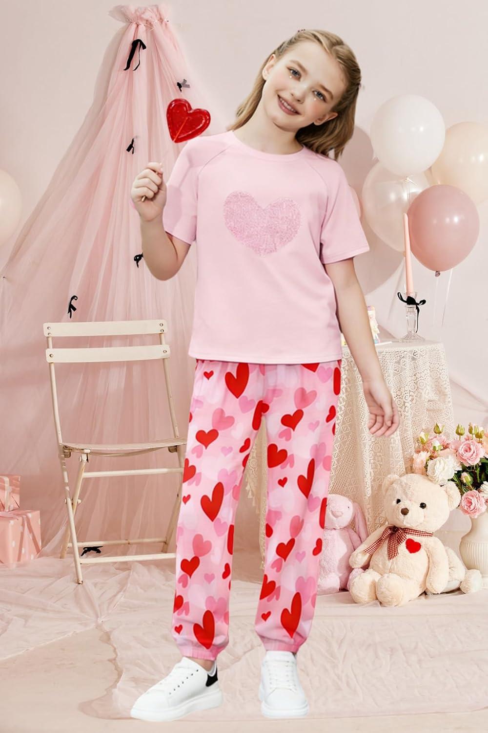 image:imageArshiner Girls 2 Piece Outfits Fashion Clothes Short Sleeve Tops and Jogger Pants Kids Tracksuit Sweatsuits SetValentine