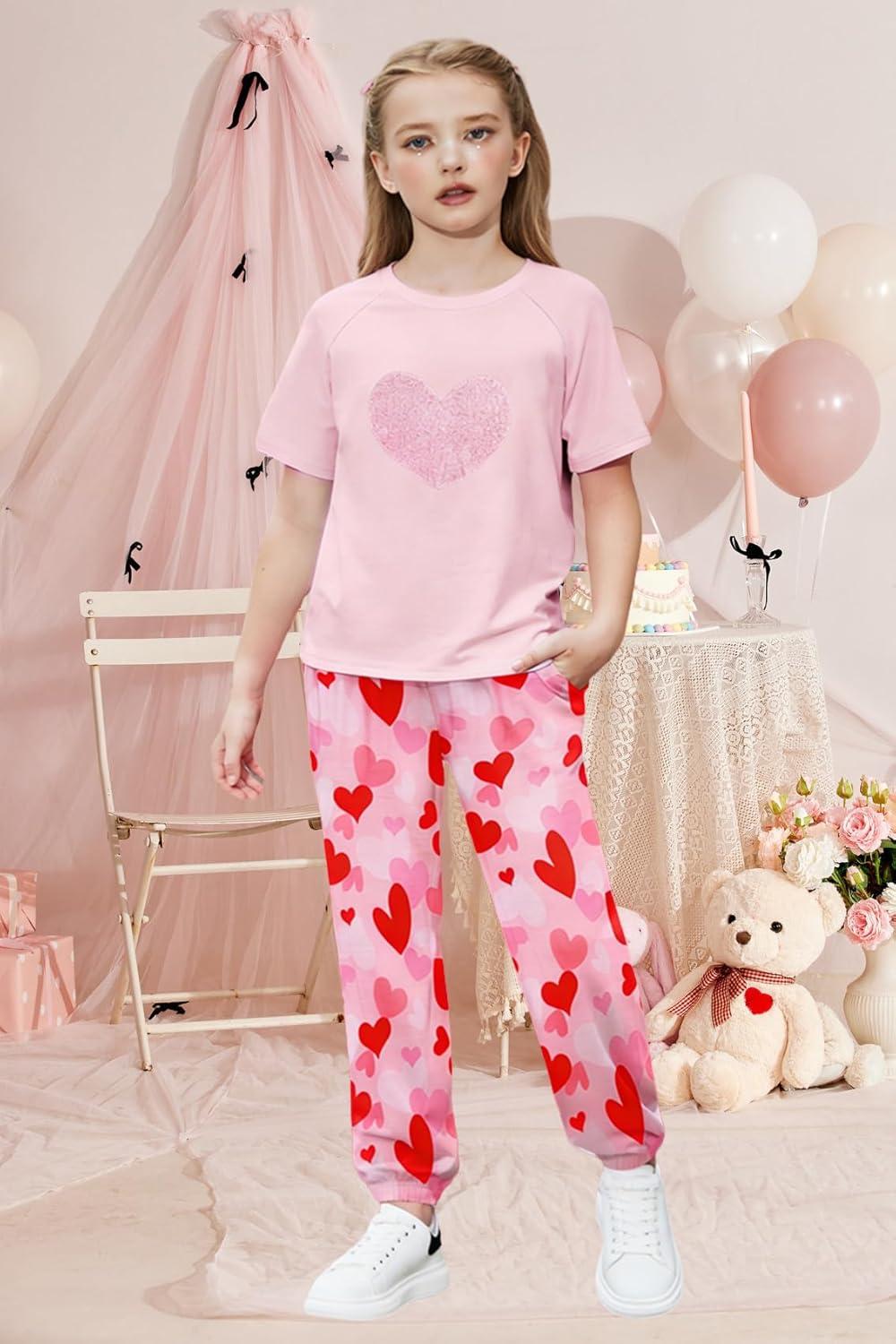 image:imageArshiner Girls 2 Piece Outfits Fashion Clothes Short Sleeve Tops and Jogger Pants Kids Tracksuit Sweatsuits SetValentine