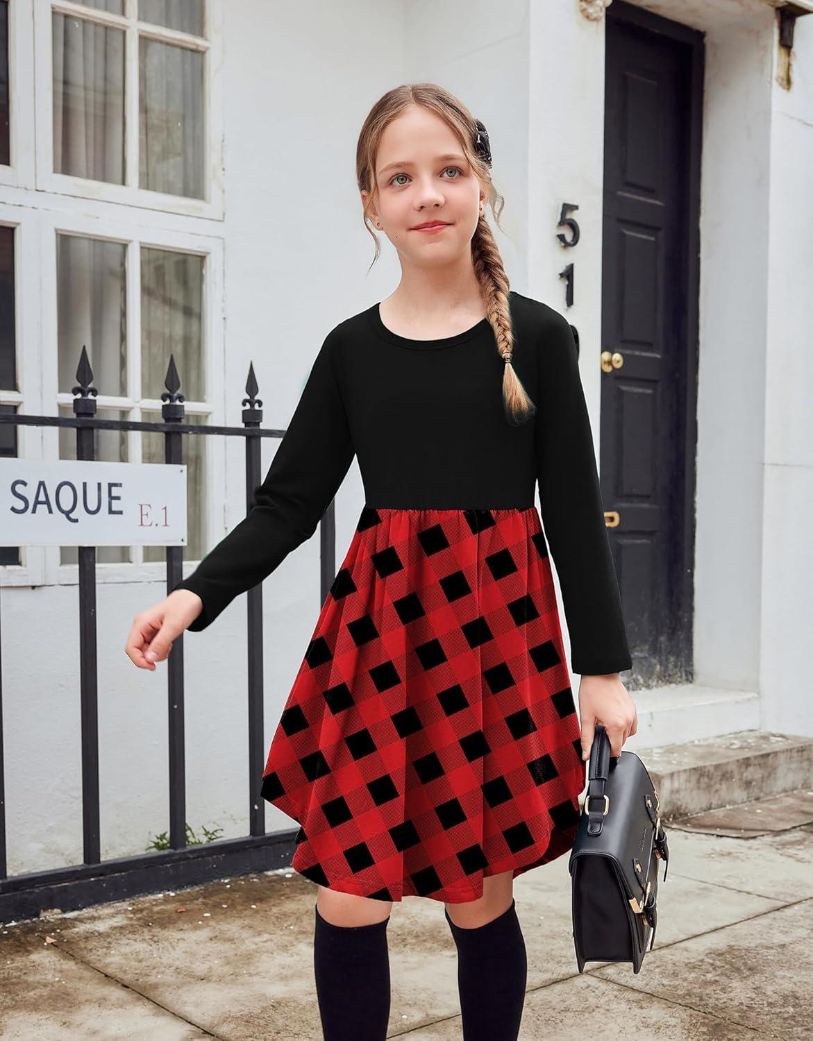 image:imageArshiner Girls Dress Kids Holiday Casual Long Sleeve High Low Swing Midi DressesC Red Plaidlong Sleeve