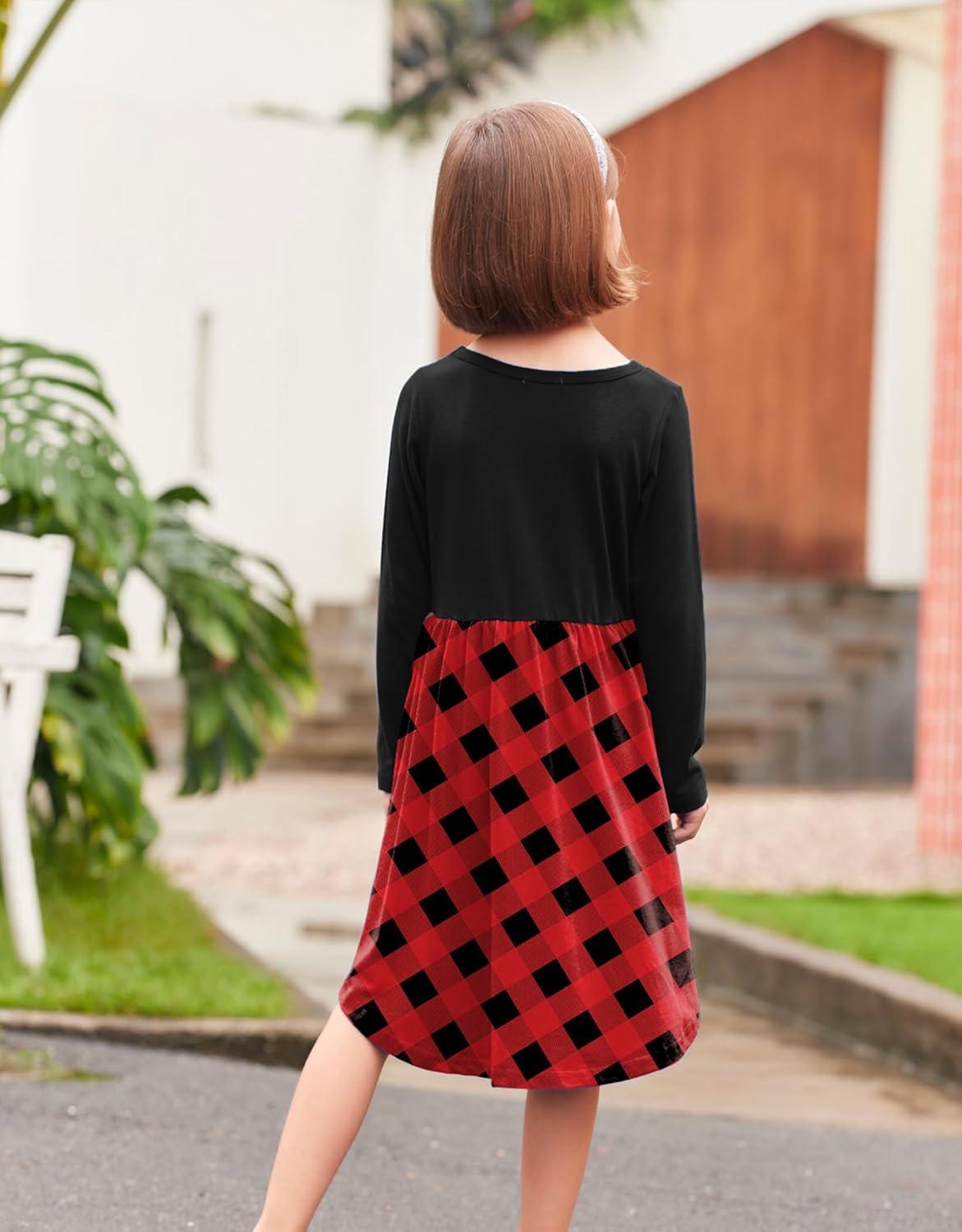image:imageArshiner Girls Dress Kids Holiday Casual Long Sleeve High Low Swing Midi DressesC Red Plaidlong Sleeve