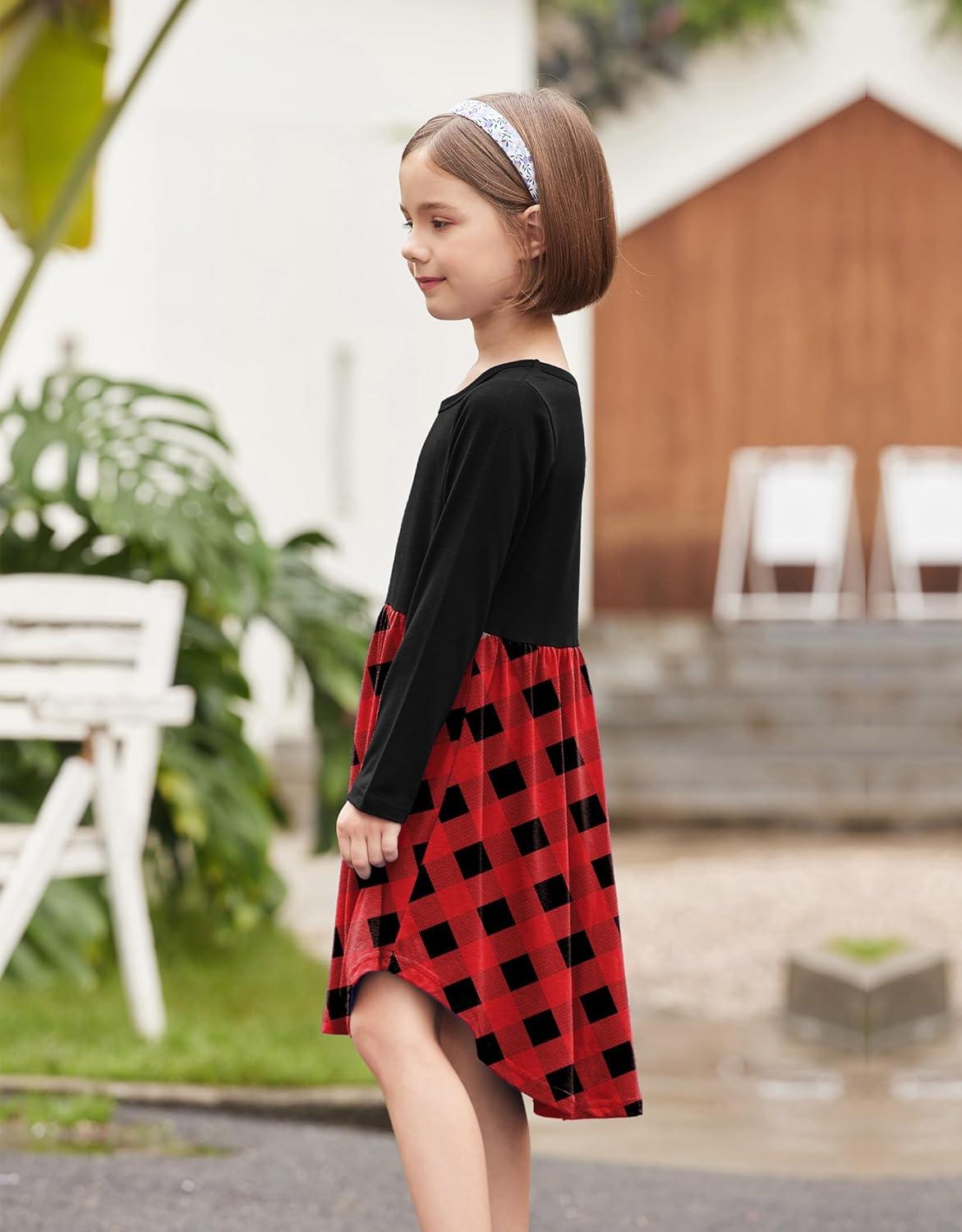 image:imageArshiner Girls Dress Kids Holiday Casual Long Sleeve High Low Swing Midi DressesC Red Plaidlong Sleeve