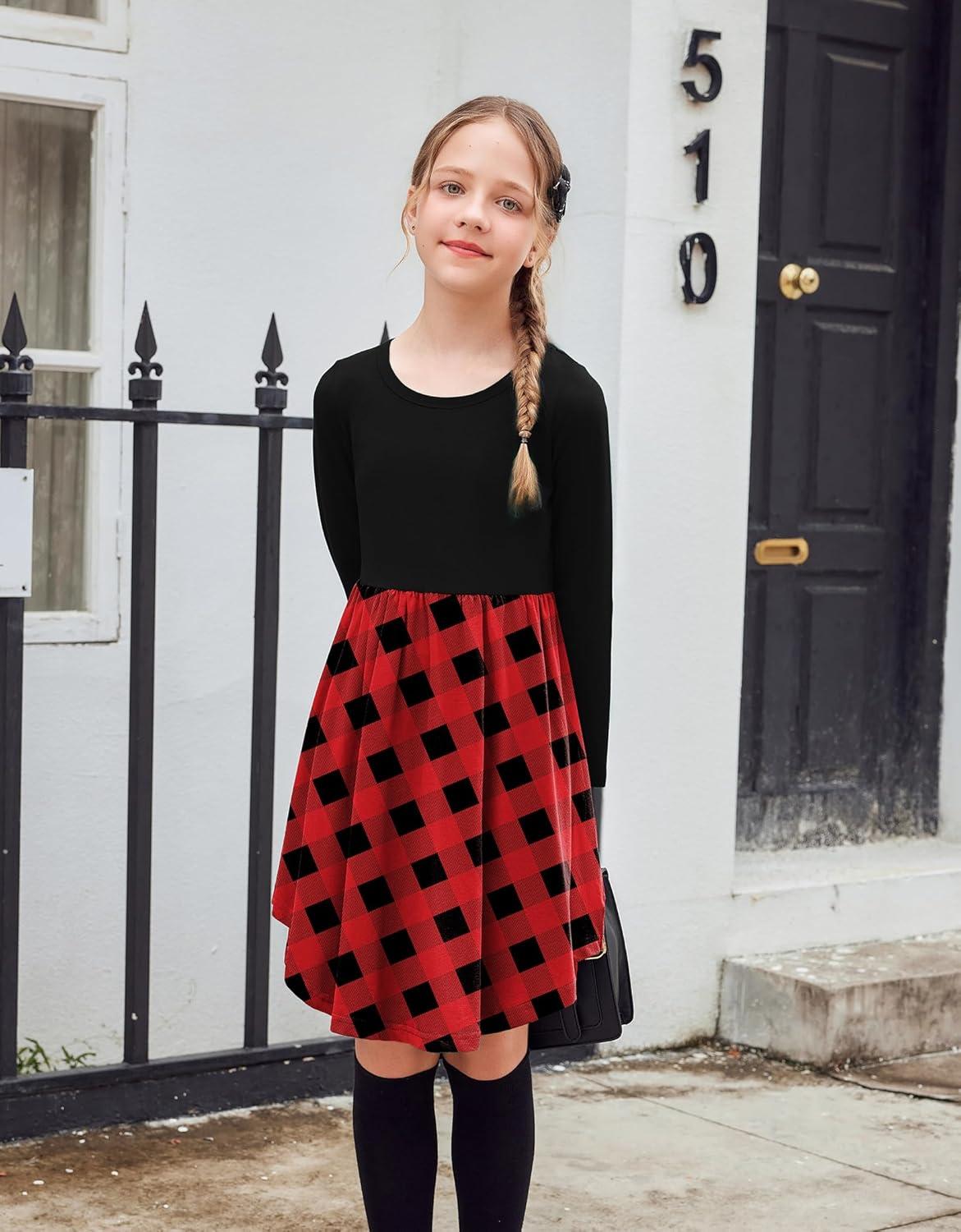 image:imageArshiner Girls Dress Kids Holiday Casual Long Sleeve High Low Swing Midi DressesC Red Plaidlong Sleeve