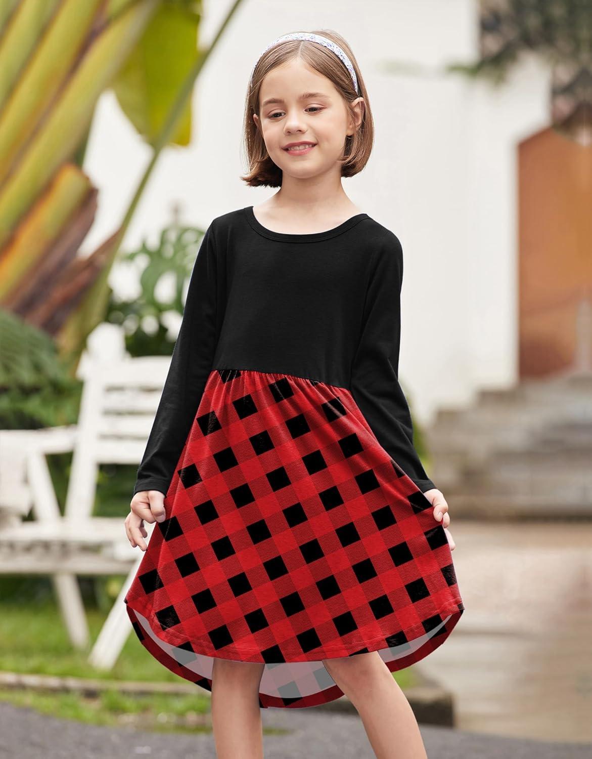 image:imageArshiner Girls Dress Kids Holiday Casual Long Sleeve High Low Swing Midi DressesC Red Plaidlong Sleeve