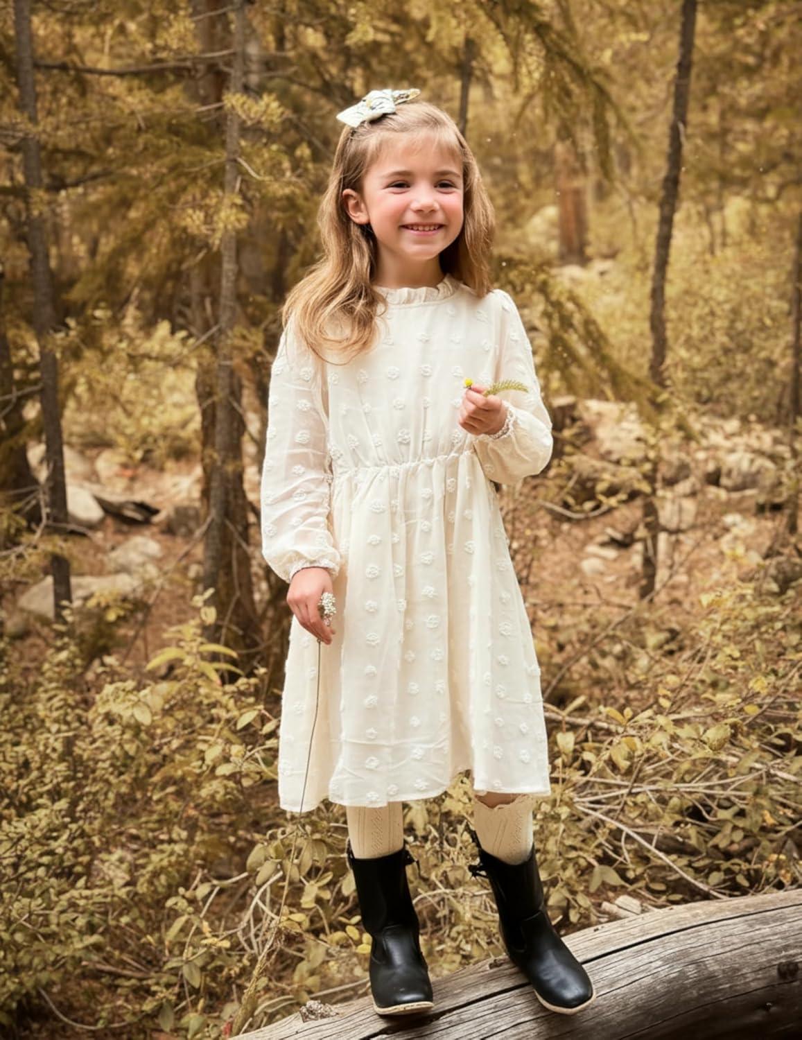image:imageArshiner Girls Dress Long Sleeve Swiss Dot Ruffle Collar Flowy ALine Party Dress for Kids 513YBeige