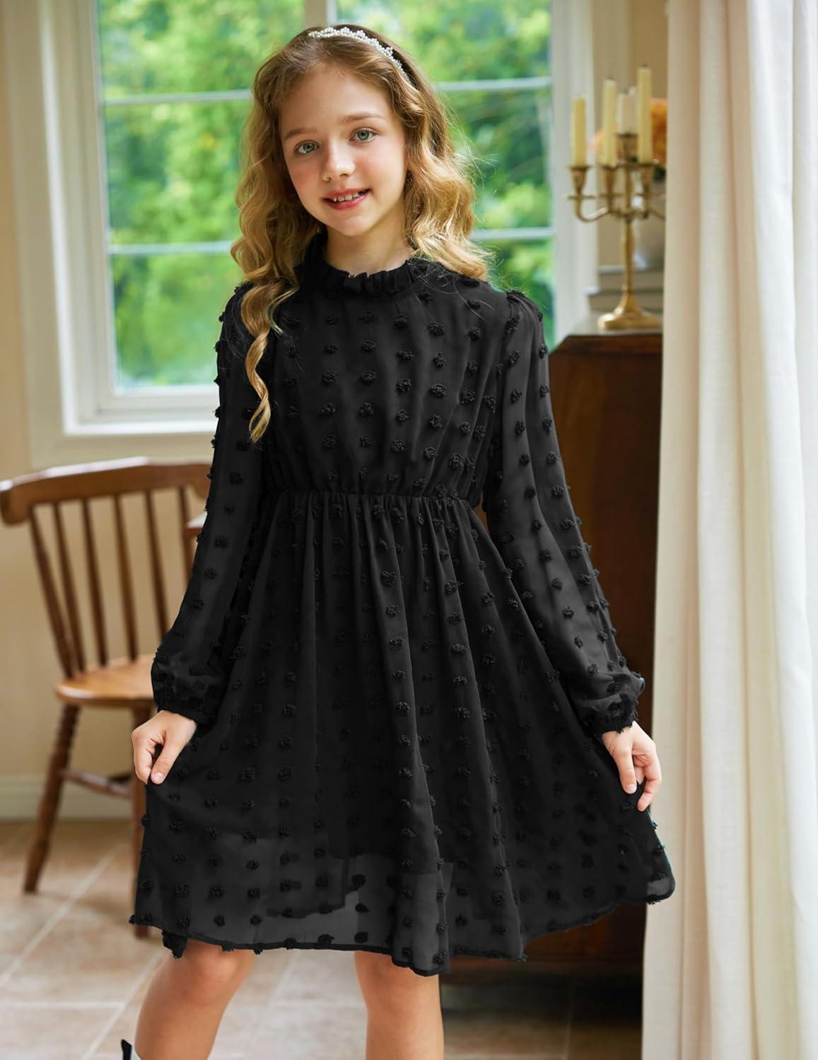 image:imageArshiner Girls Dress Long Sleeve Swiss Dot Ruffle Collar Flowy ALine Party Dress for Kids 513YBlack