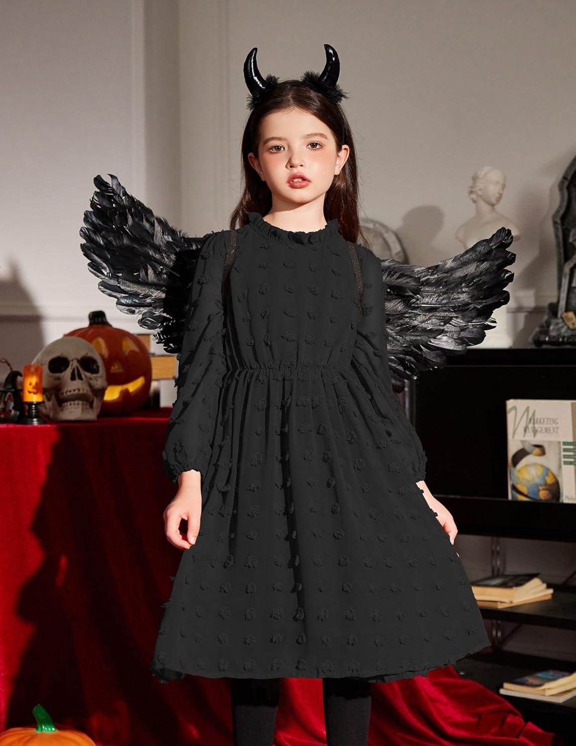 image:imageArshiner Girls Dress Long Sleeve Swiss Dot Ruffle Collar Flowy ALine Party Dress for Kids 513YBlack