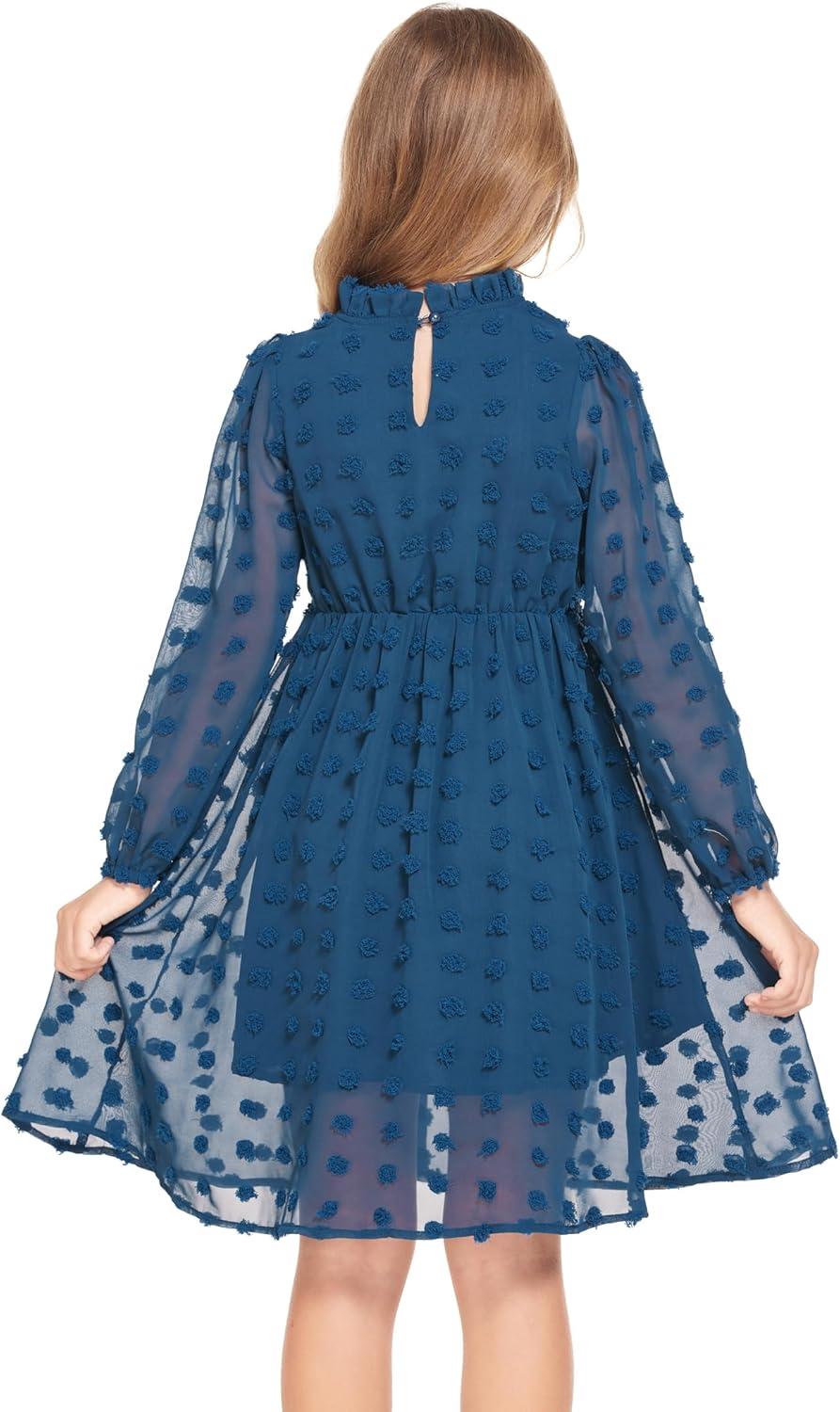 image:imageArshiner Girls Dress Long Sleeve Swiss Dot Ruffle Collar Flowy ALine Party Dress for Kids 513YBlue