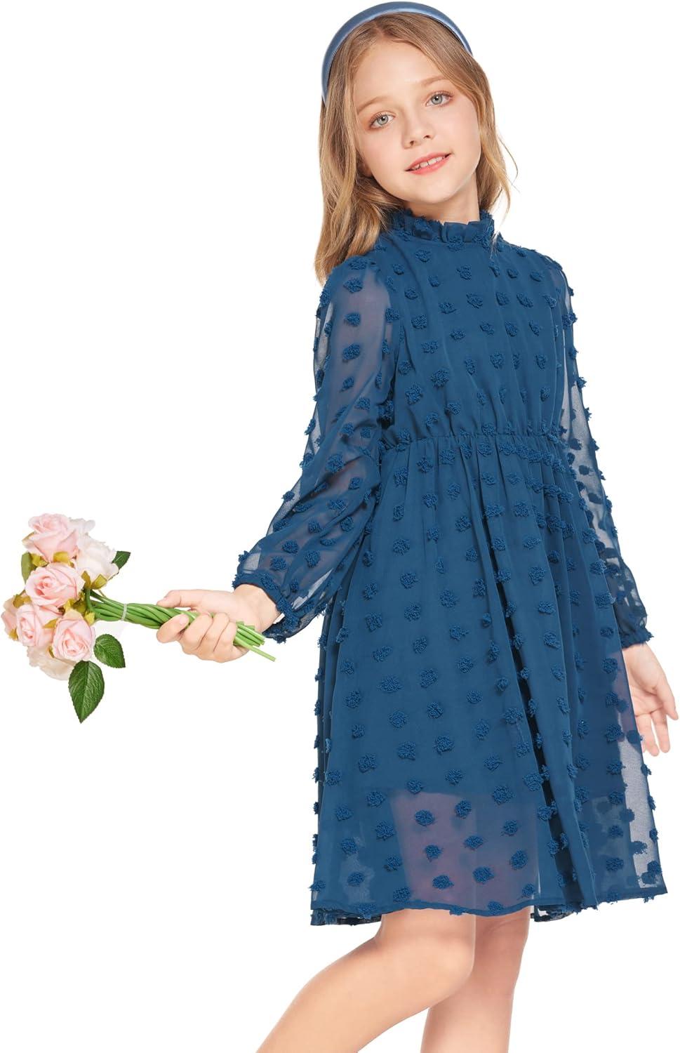 image:imageArshiner Girls Dress Long Sleeve Swiss Dot Ruffle Collar Flowy ALine Party Dress for Kids 513YBlue