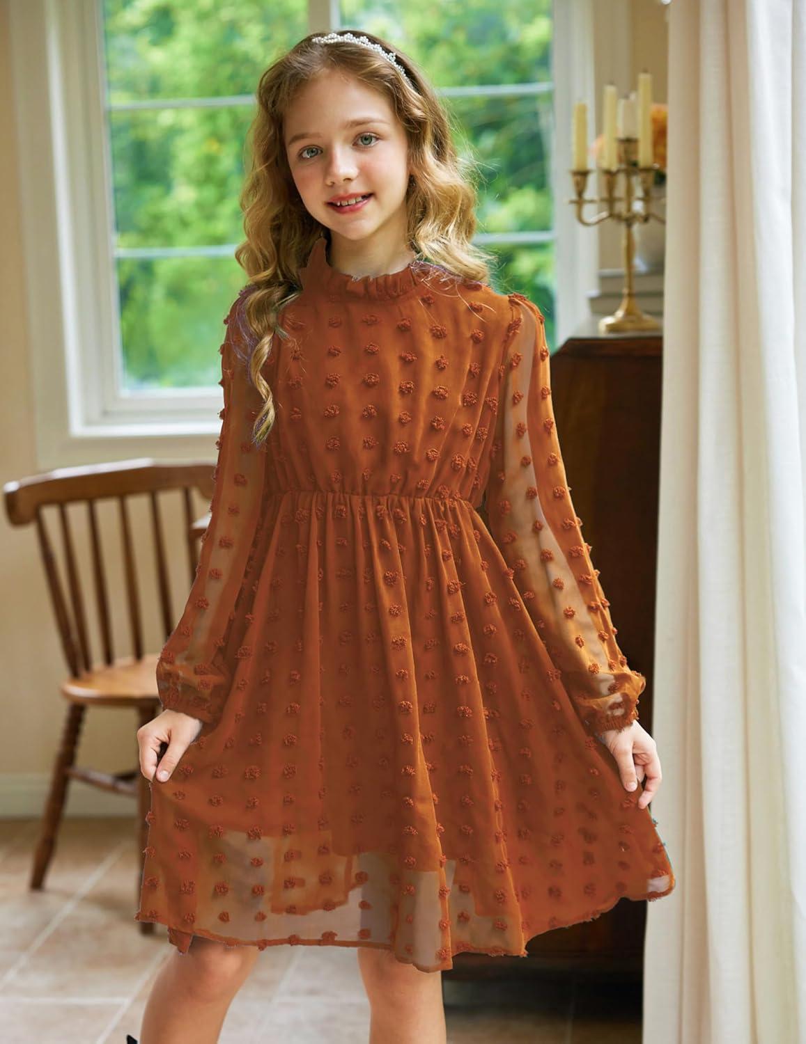 image:imageArshiner Girls Dress Long Sleeve Swiss Dot Ruffle Collar Flowy ALine Party Dress for Kids 513YCaramel