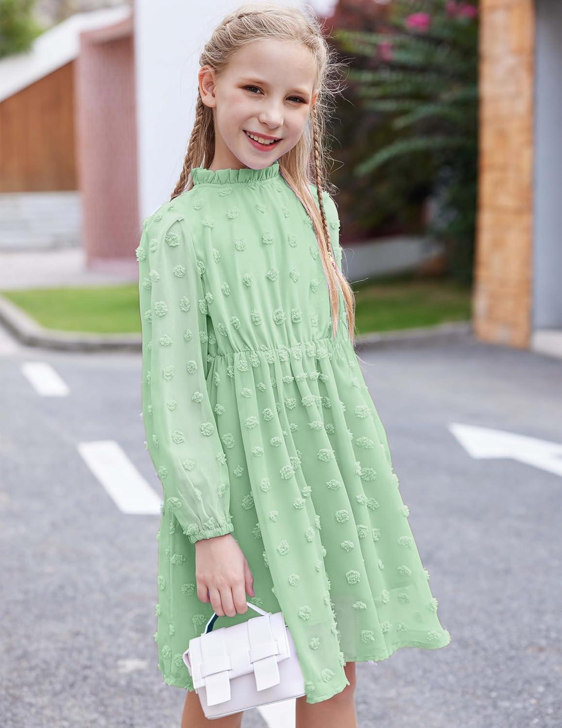 image:imageArshiner Girls Dress Long Sleeve Swiss Dot Ruffle Collar Flowy ALine Party Dress for Kids 513YLight Green