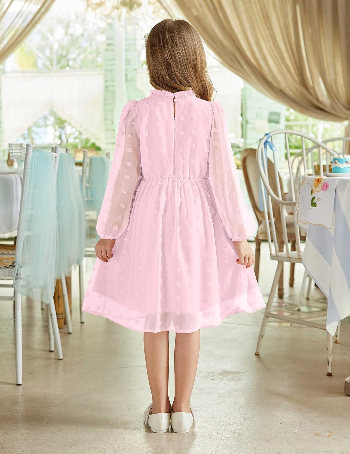 image:imageArshiner Girls Dress Long Sleeve Swiss Dot Ruffle Collar Flowy ALine Party Dress for Kids 513YPink
