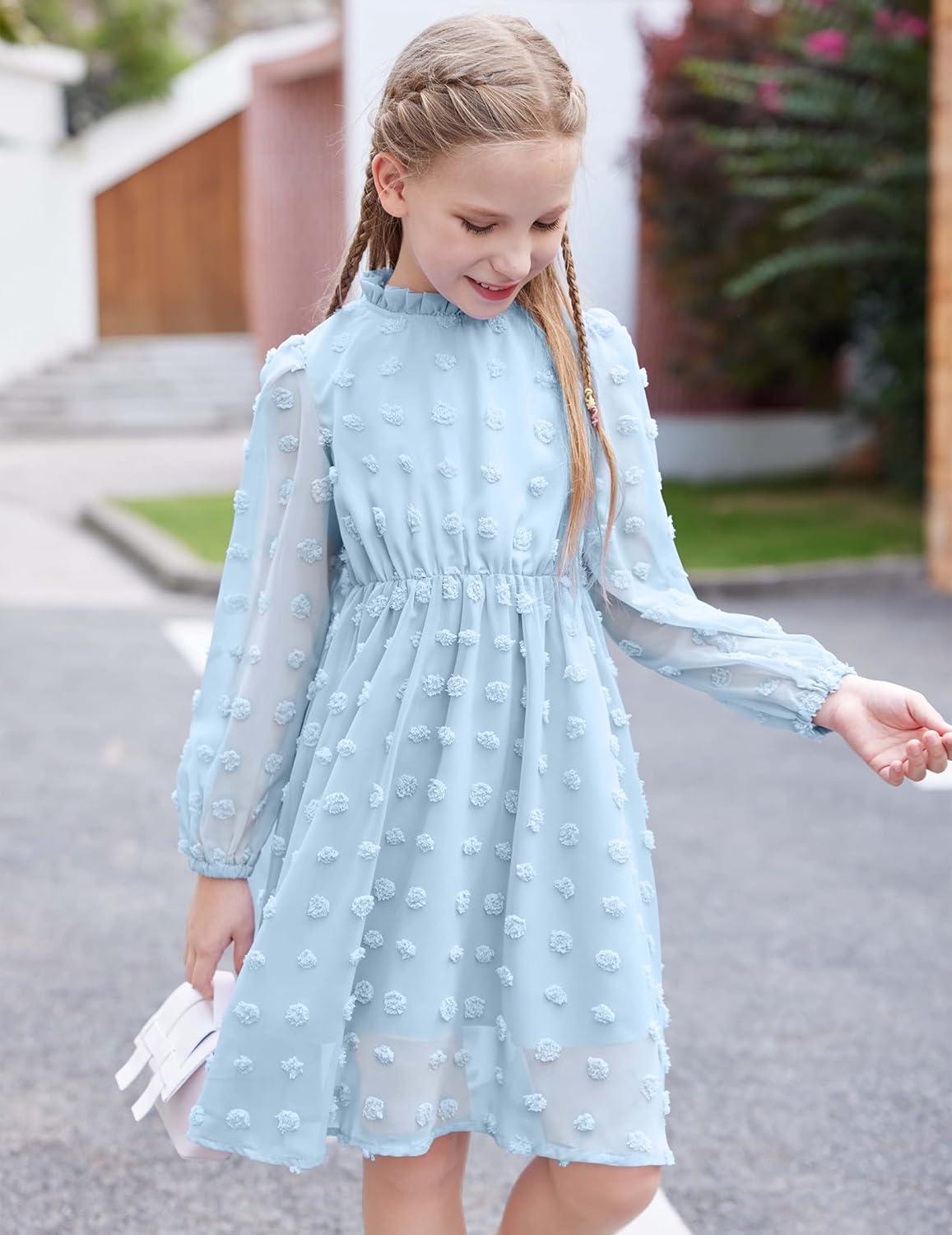 image:imageArshiner Girls Dress Long Sleeve Swiss Dot Ruffle Collar Flowy ALine Party Dress for Kids 513YSky Blue