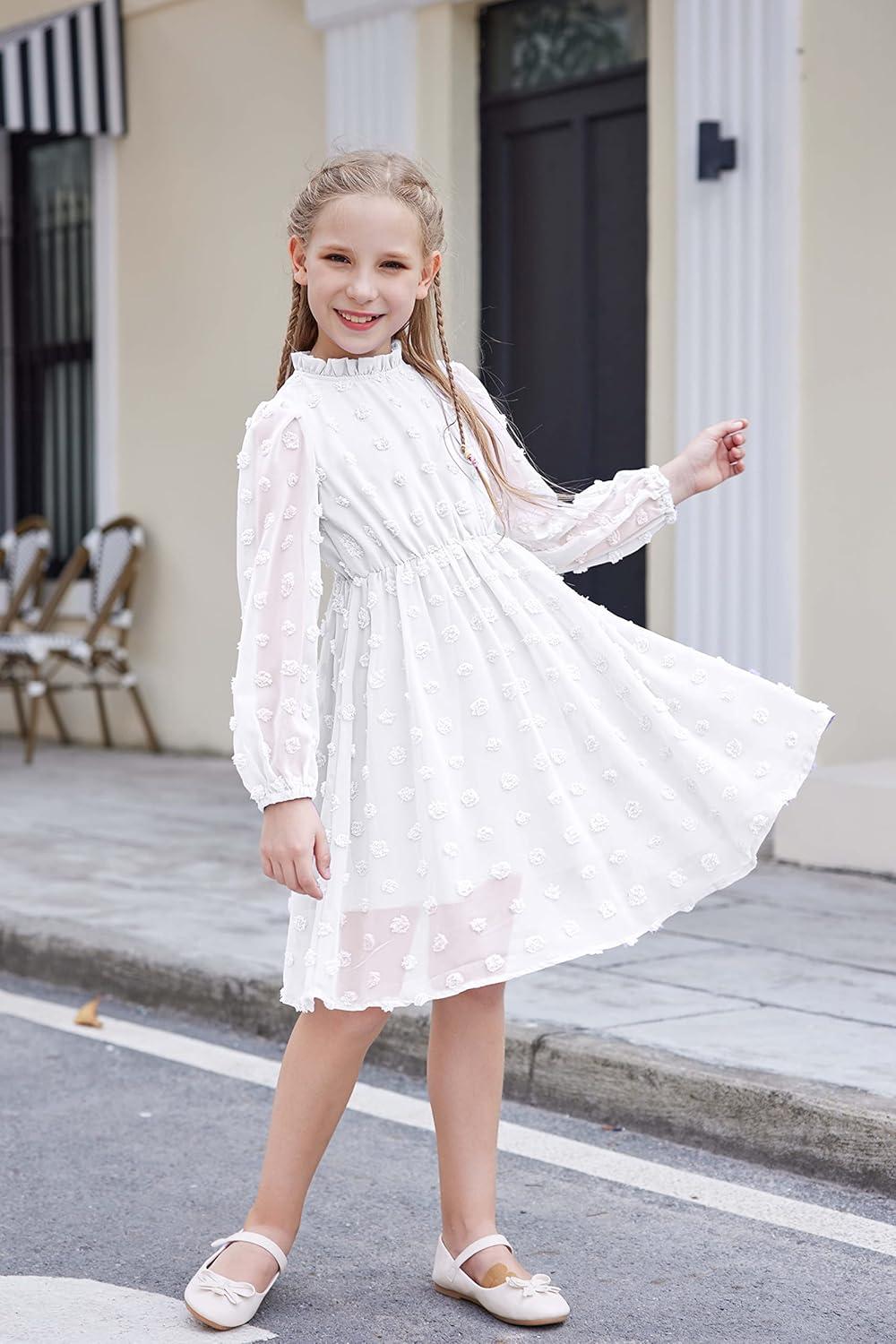 image:imageArshiner Girls Dress Long Sleeve Swiss Dot Ruffle Collar Flowy ALine Party Dress for Kids 513YWhite