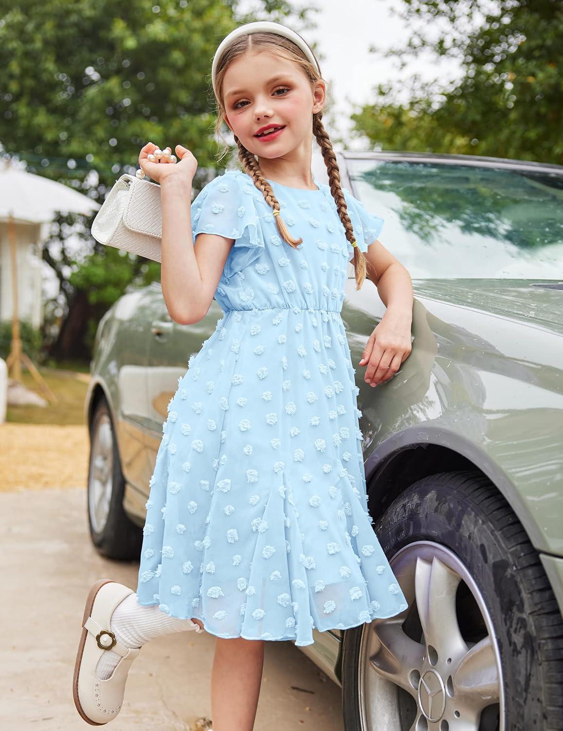 image:imageArshiner Girls Girly Dress Swiss Dot Ruffle Short Sleeve Twirly Cute Dresses for 512 Years OldLight Blue