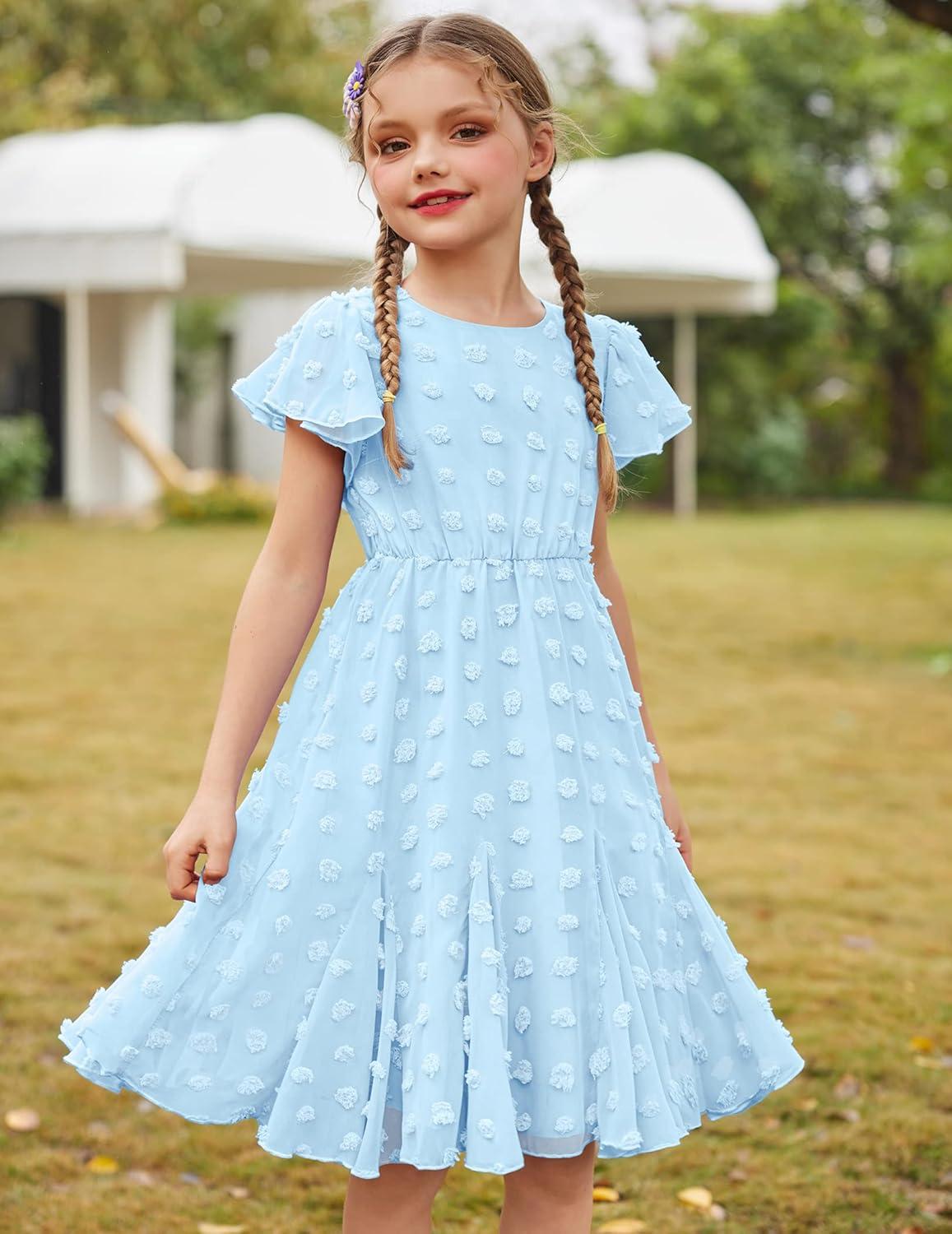 image:imageArshiner Girls Girly Dress Swiss Dot Ruffle Short Sleeve Twirly Cute Dresses for 512 Years OldLight Blue