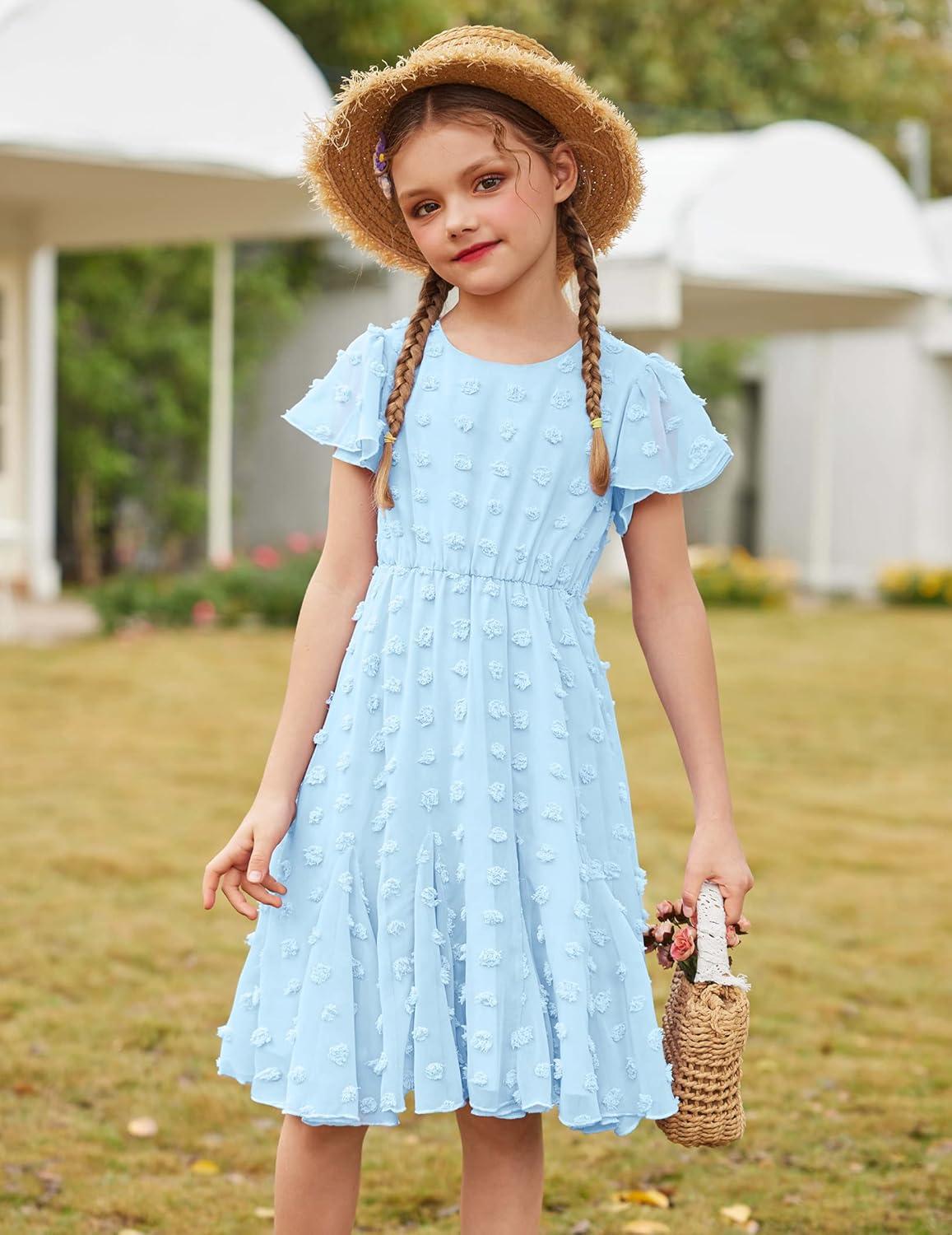 image:imageArshiner Girls Girly Dress Swiss Dot Ruffle Short Sleeve Twirly Cute Dresses for 512 Years OldLight Blue